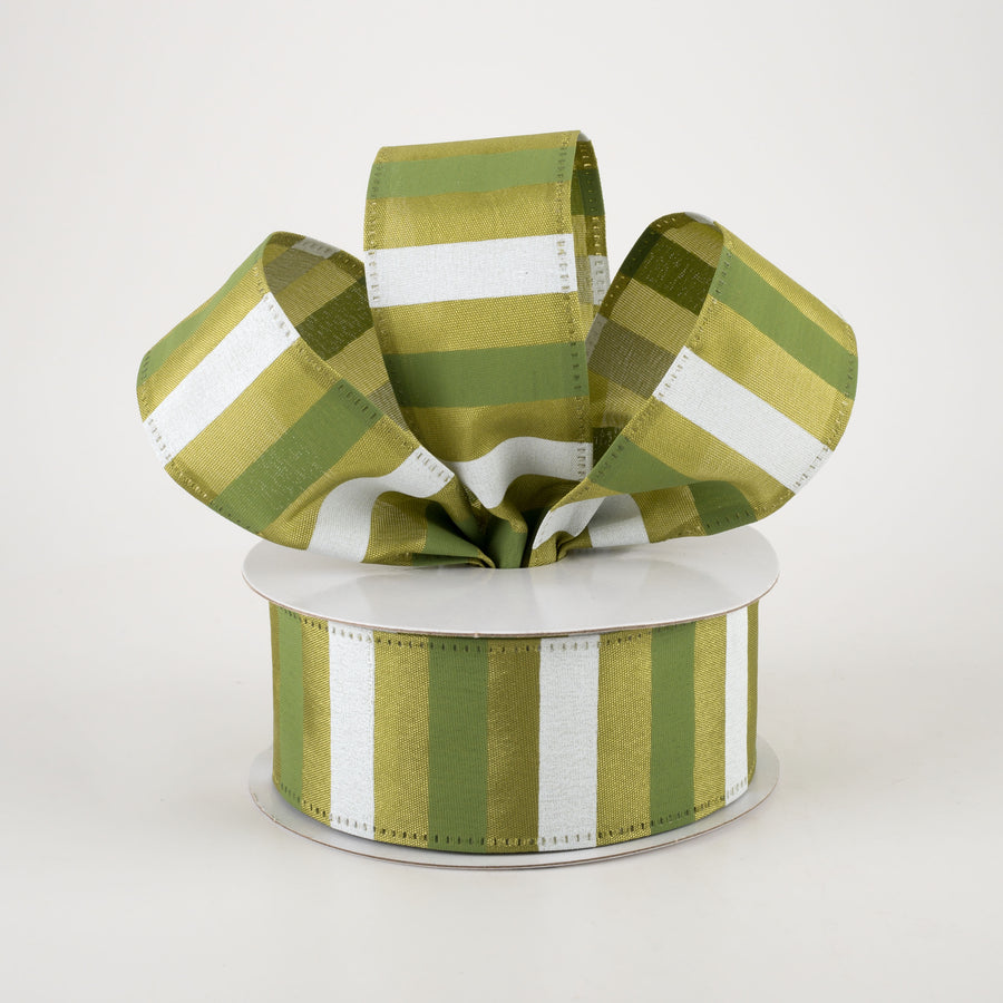 1.5" Horizontal Stripes Satin Ribbon: Sage & White on Moss Green (10 Yards) Lifestyle Photo