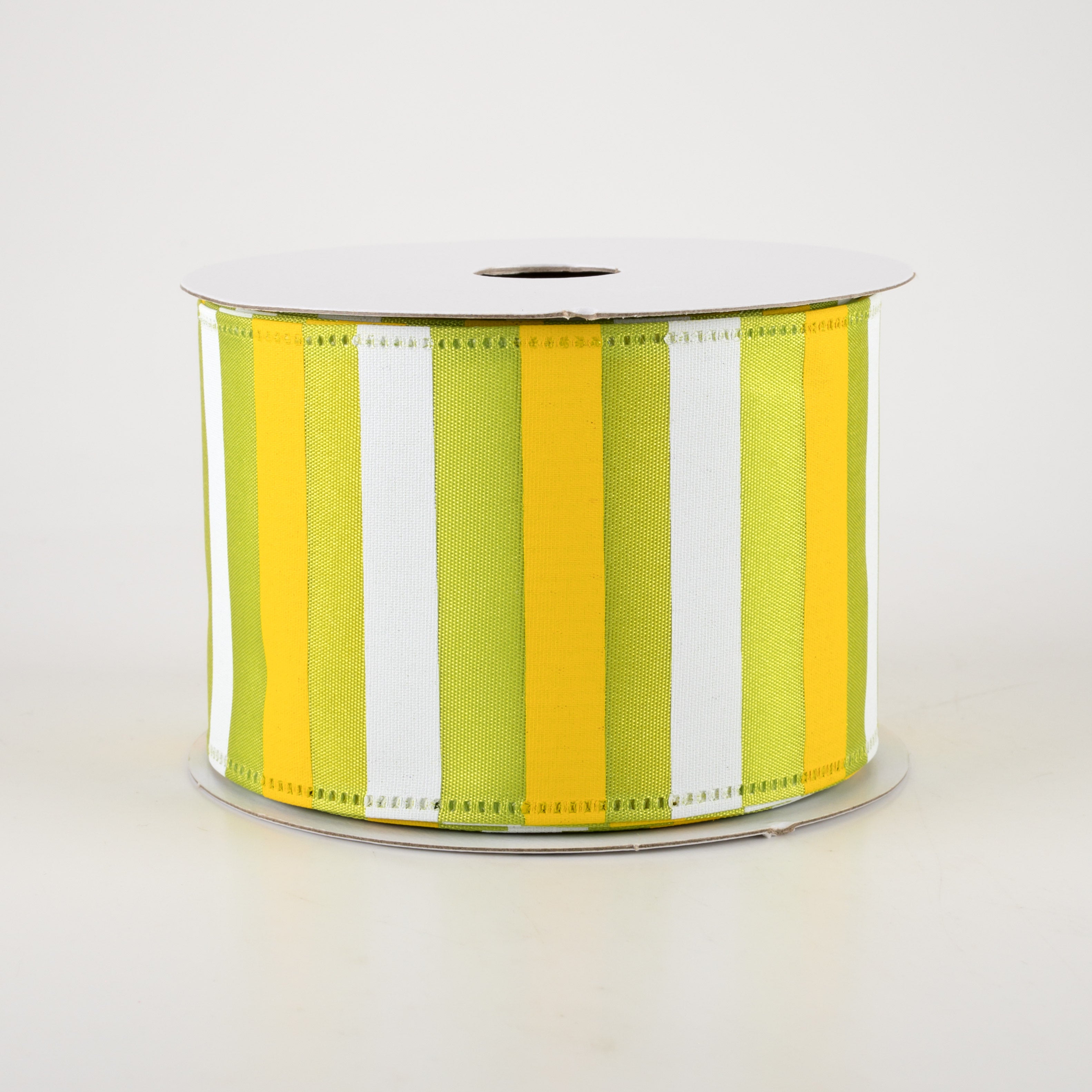 2.5" Horizontal Stripes Satin Ribbon: Yellow & White on Green (10 Yards)