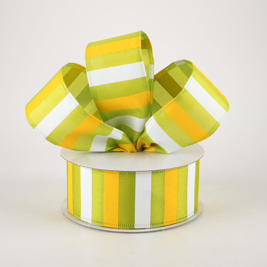 1.5" Horizontal Stripes Satin Ribbon: Yellow & White on Green (10 Yards) Lifestyle Photo