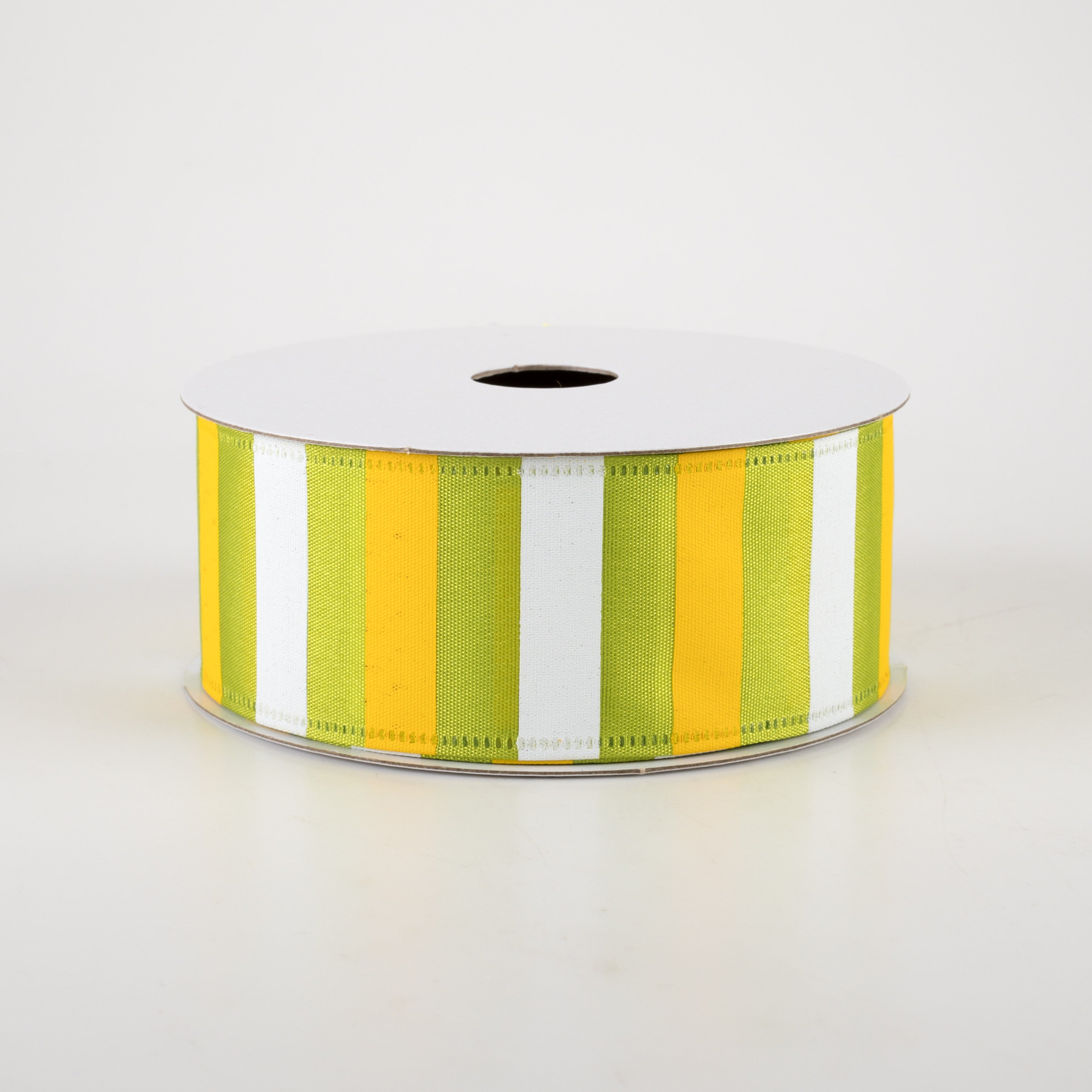 1.5" Horizontal Stripes Satin Ribbon: Yellow & White on Green (10 Yards)