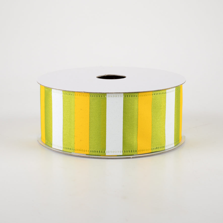 1.5" Horizontal Stripes Satin Ribbon: Yellow & White on Green (10 Yards)