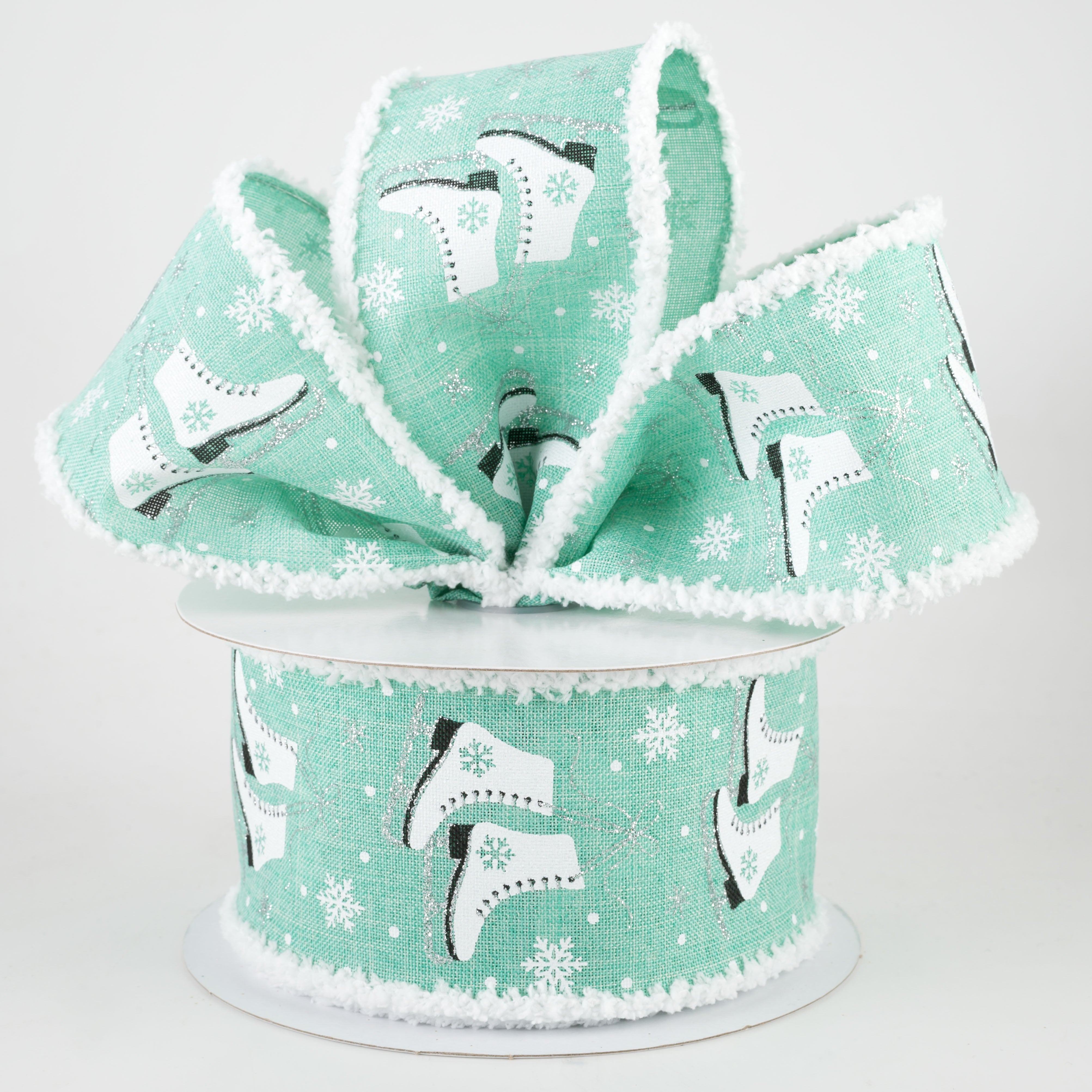 2.5" Ice Skates Snow Drift Ribbon: Dark Mint (10 Yards) Lifestyle Photo