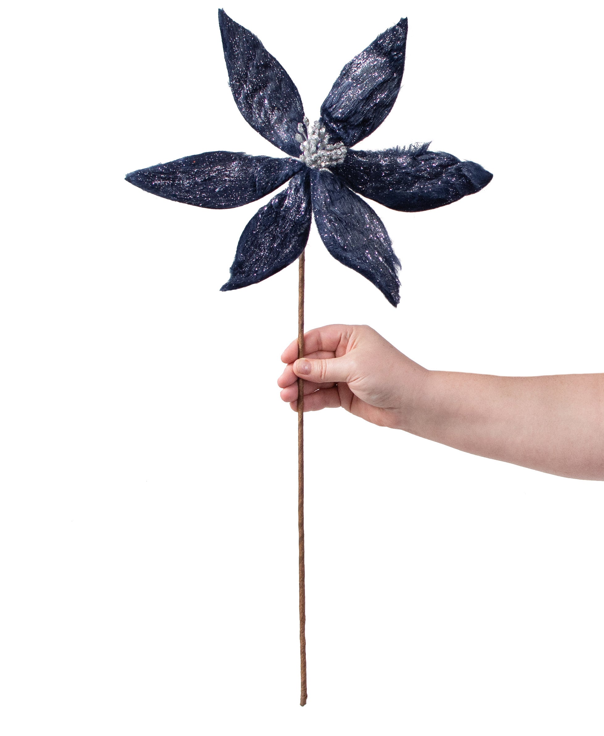 22" Iced Faux Fur Poinsettia Stem: Midnight Blue detail photo 3