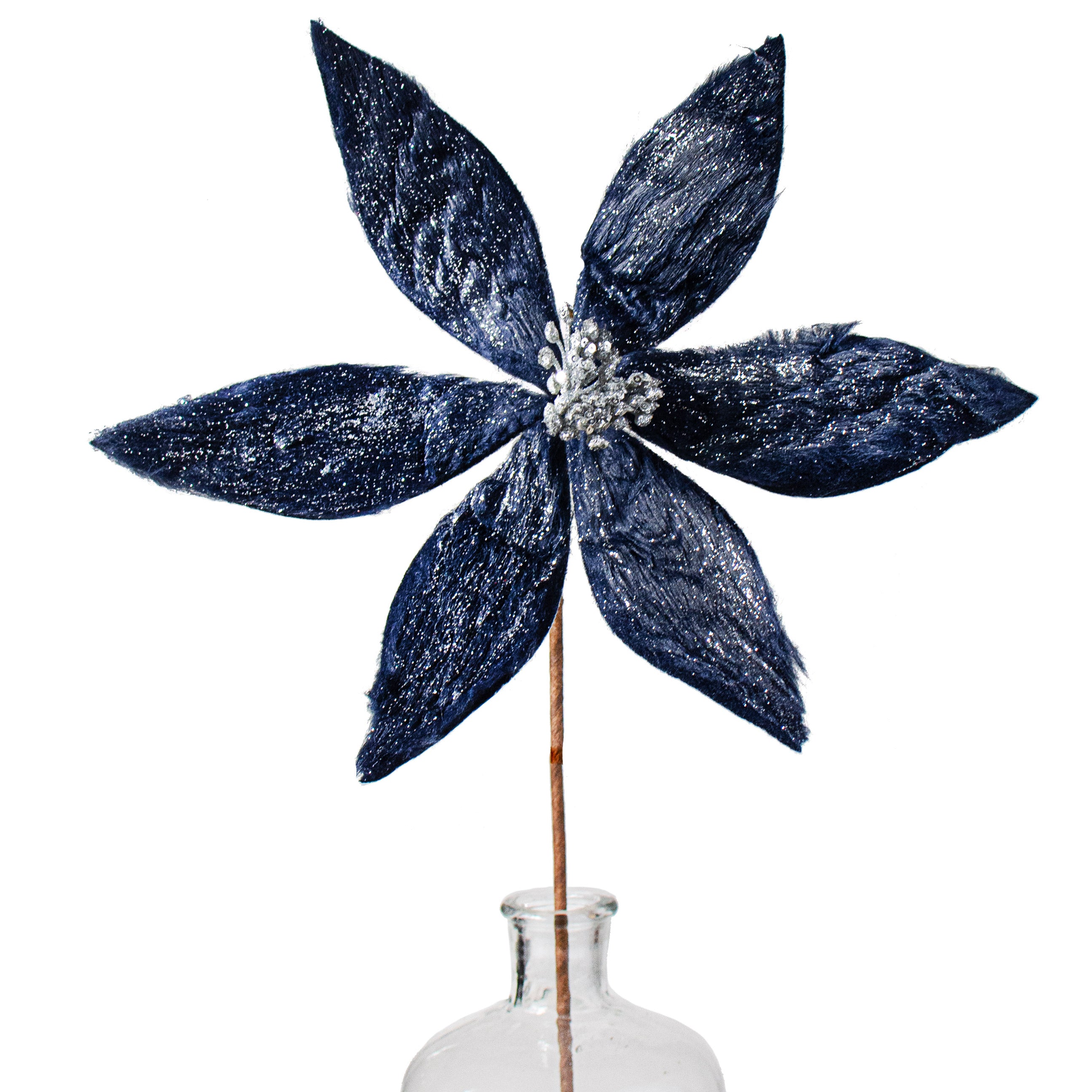 22" Iced Faux Fur Poinsettia Stem: Midnight Blue Item Number: 100775