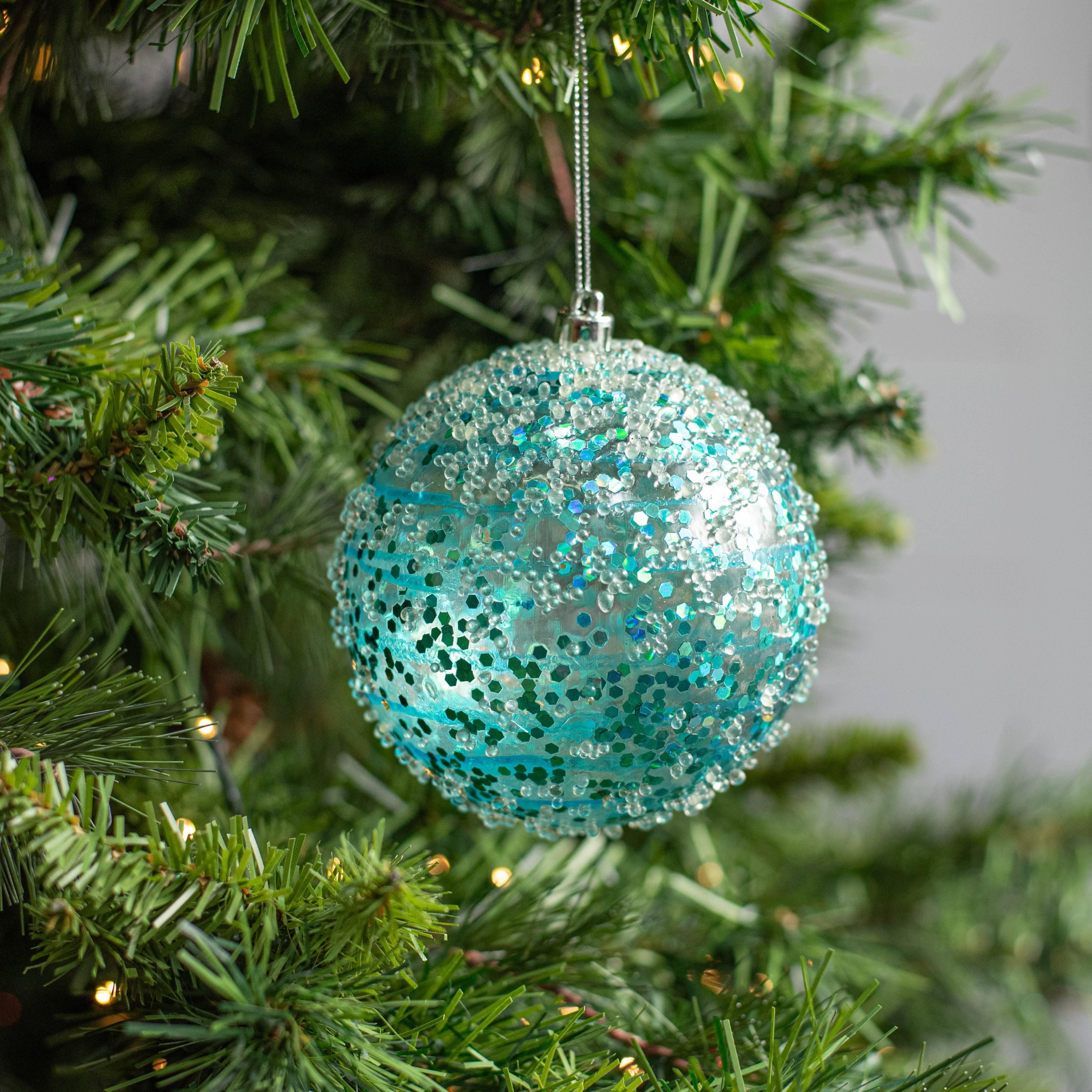 4" Iced Sequin Ball Ornament: Aqua Blue Lifestyle Photo