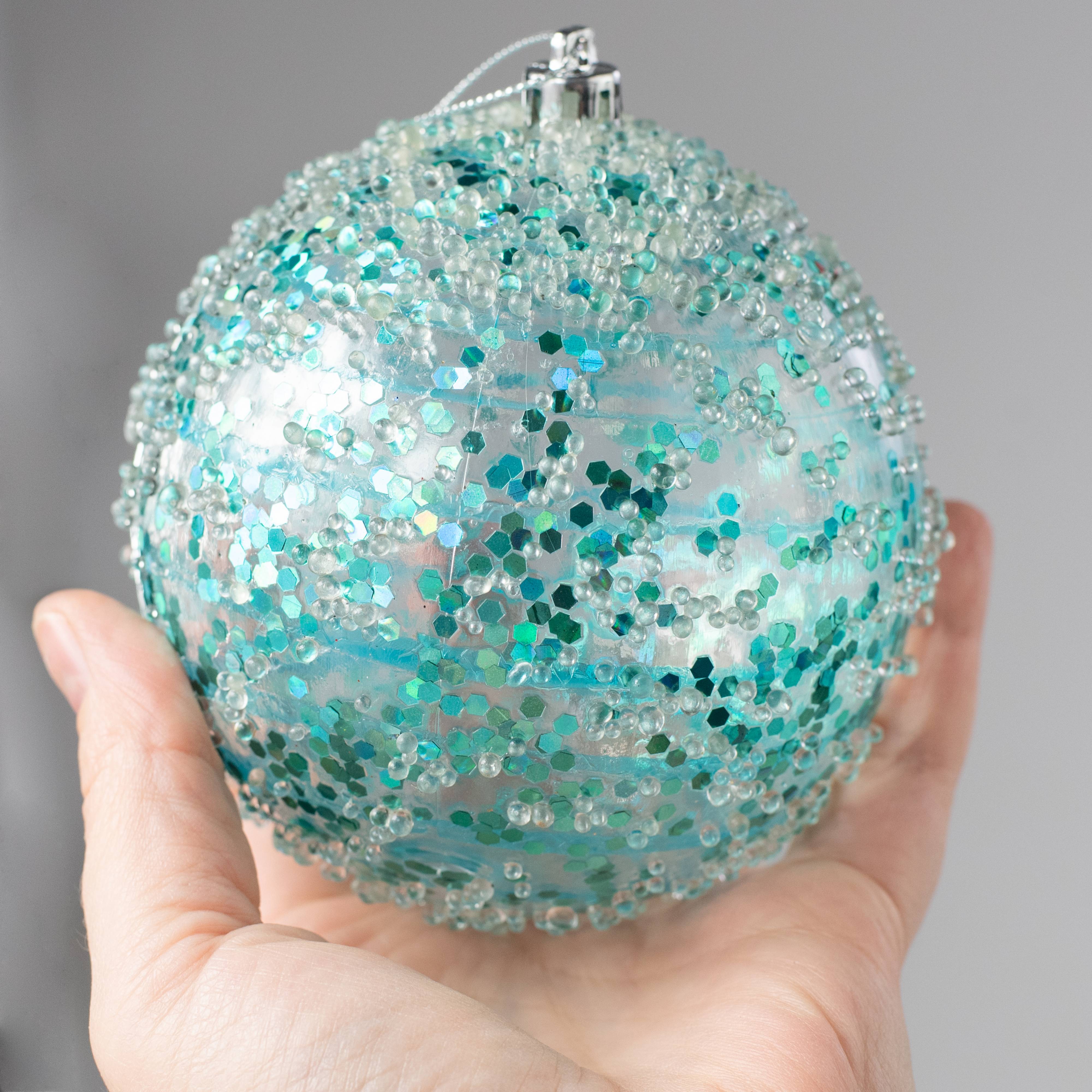 4" Iced Sequin Ball Ornament: Aqua Blue detail photo 3