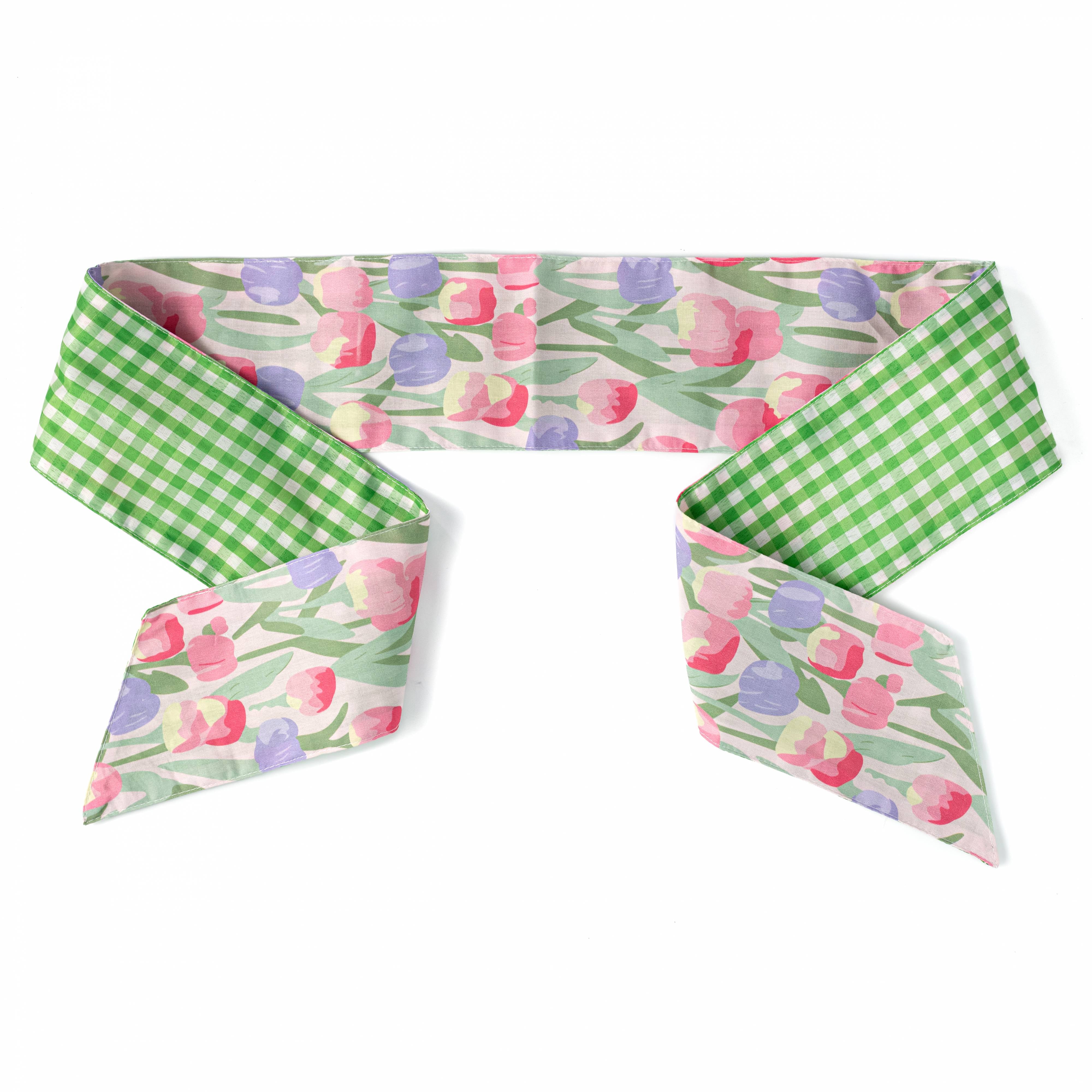 [D Stevens] 4" x 56" Poplin Wreath Sash: Watercolor Tulips & Green Check