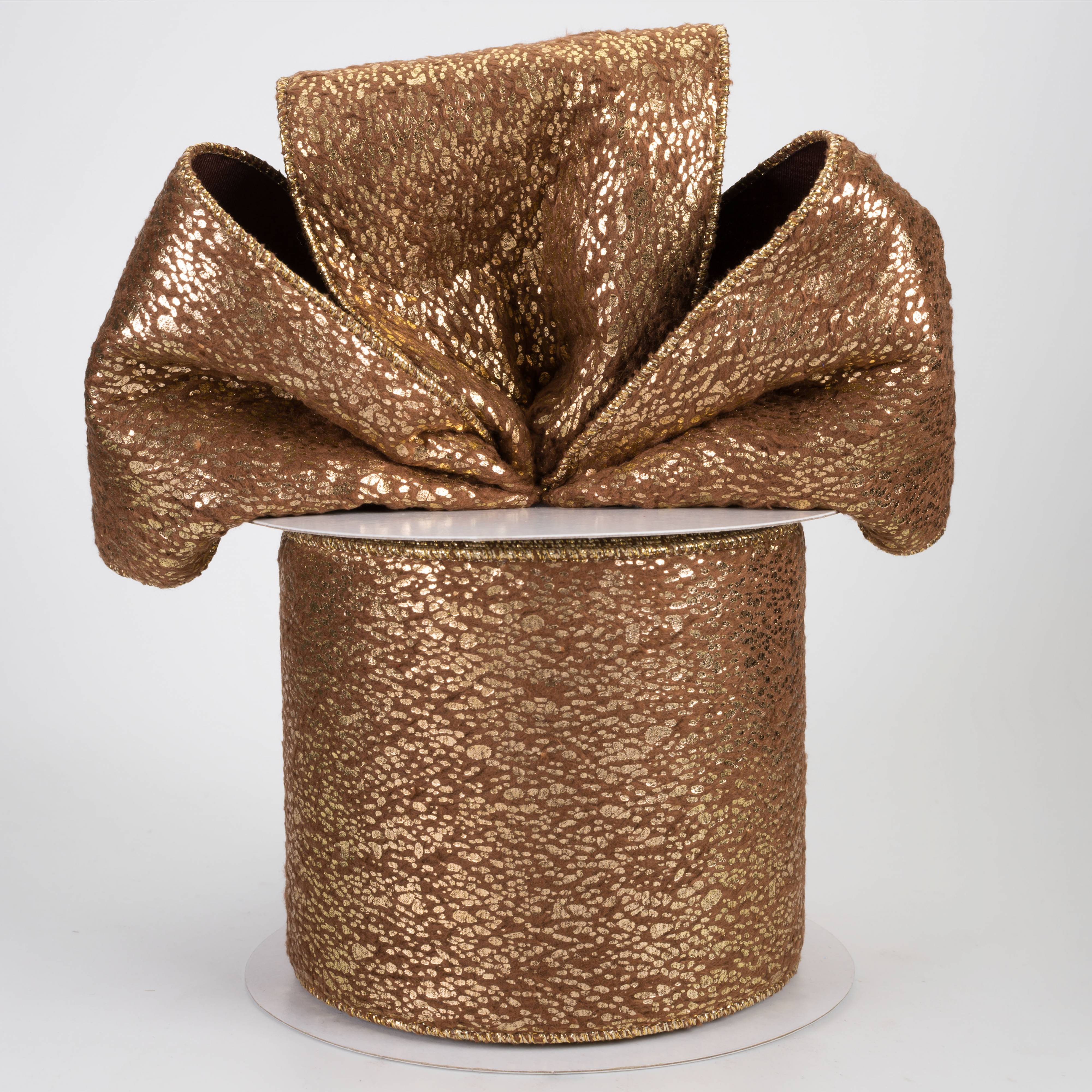 4" Metallic Mist on Short Fur Ribbon: Gold on Brown (10 Yards)