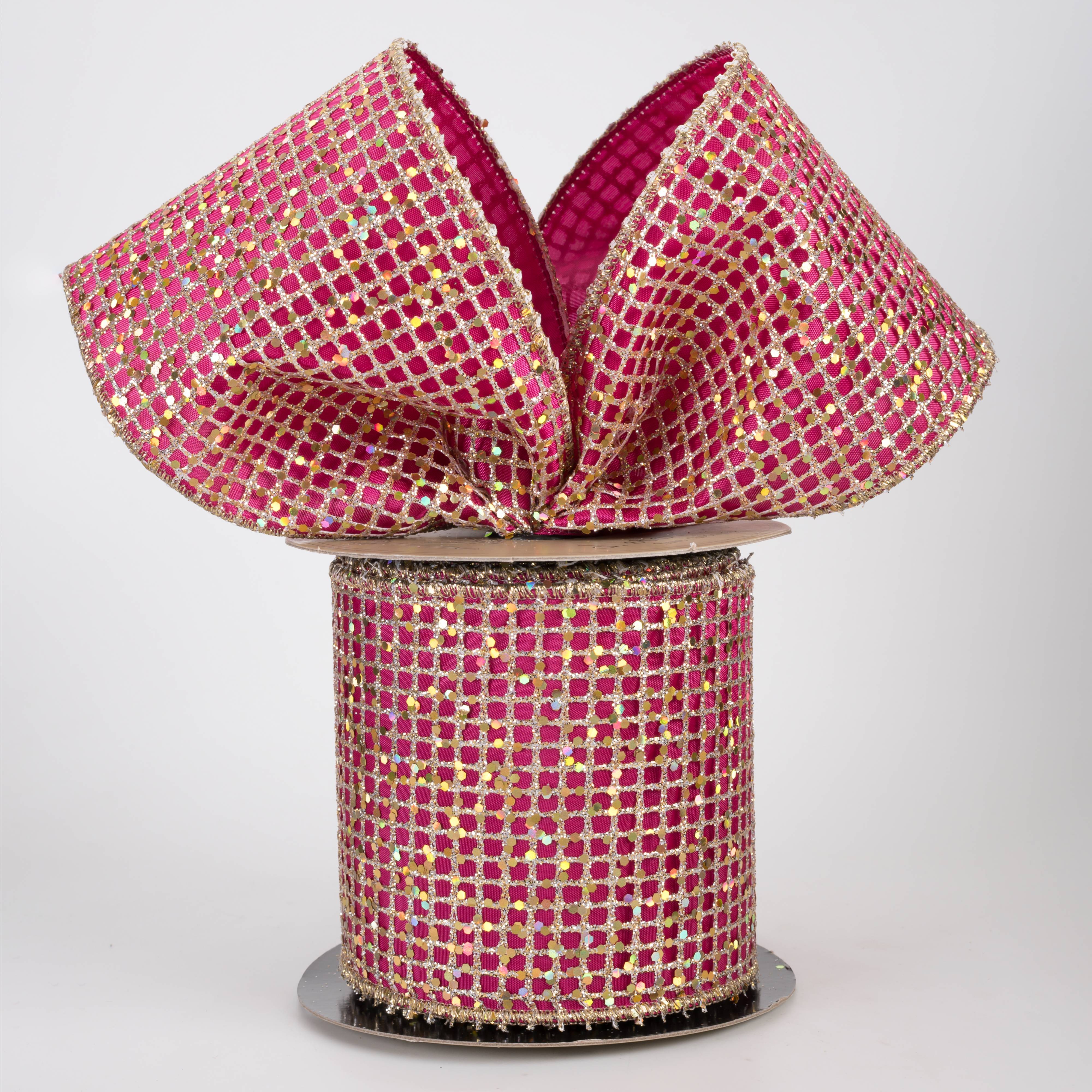 [D Stevens] 4" Taffeta Glitter Mesh Ribbon: Champagne & Fuchsia (10 Yards)