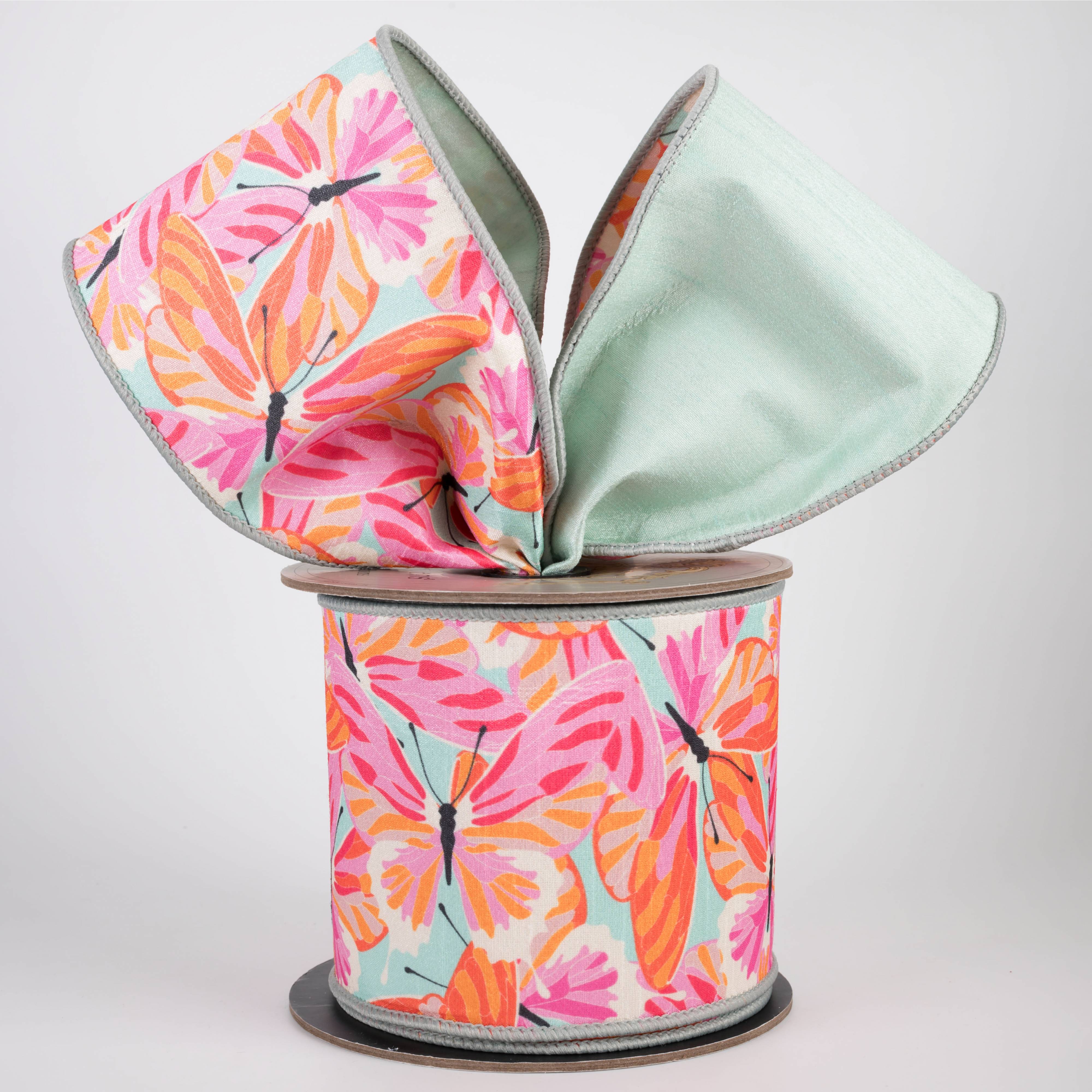 [D Stevens] 4" Colorful Butterflies on Dupioni Ribbon: Orange & Pink on Celadon (10 Yards)