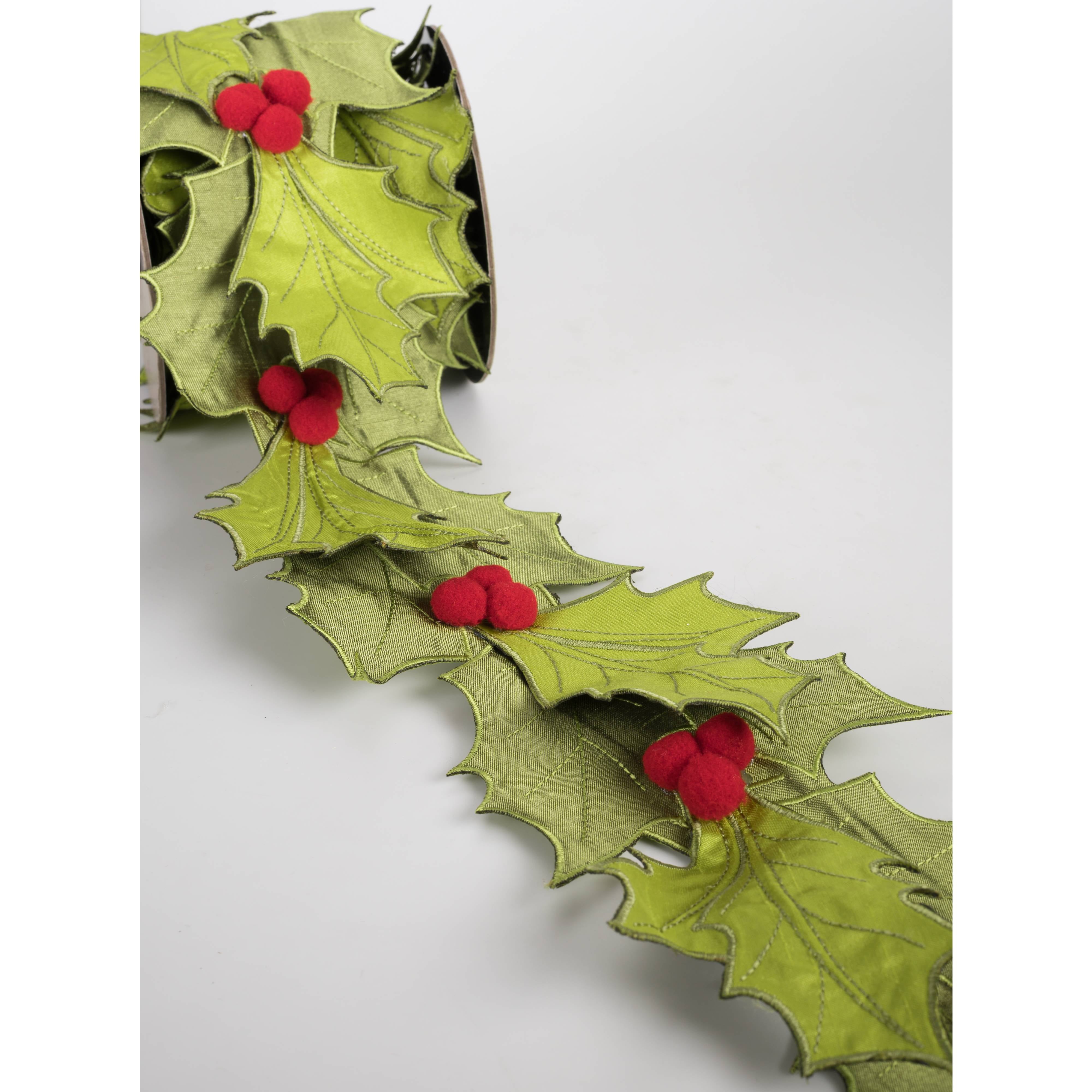 [D Stevens] 4" Satin Holly Leaves Cutouts & Berries Ribbon (3 Yards)