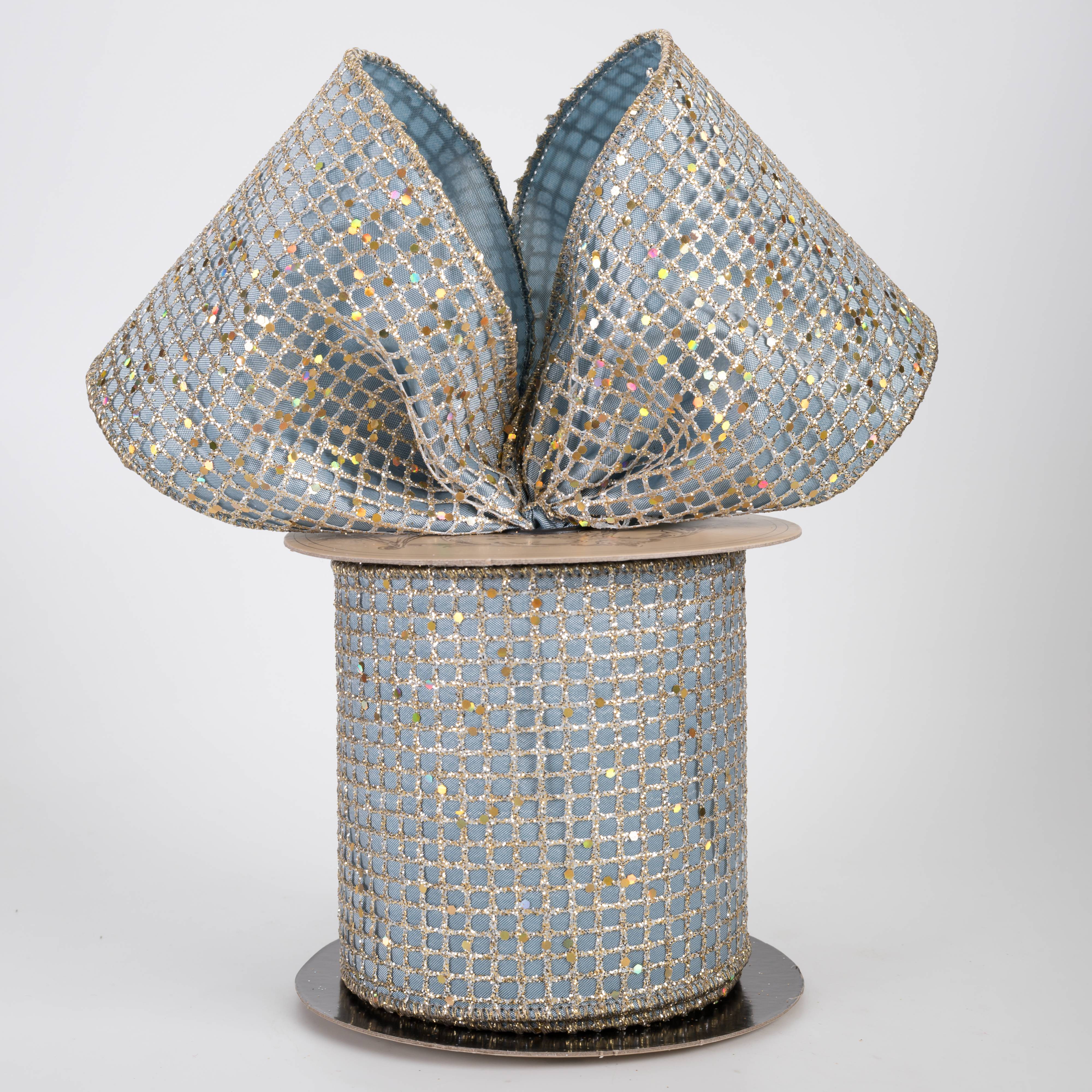 [D Stevens] 4" Taffeta Glitter Mesh Ribbon: Champagne & Slate Blue (10 Yards)