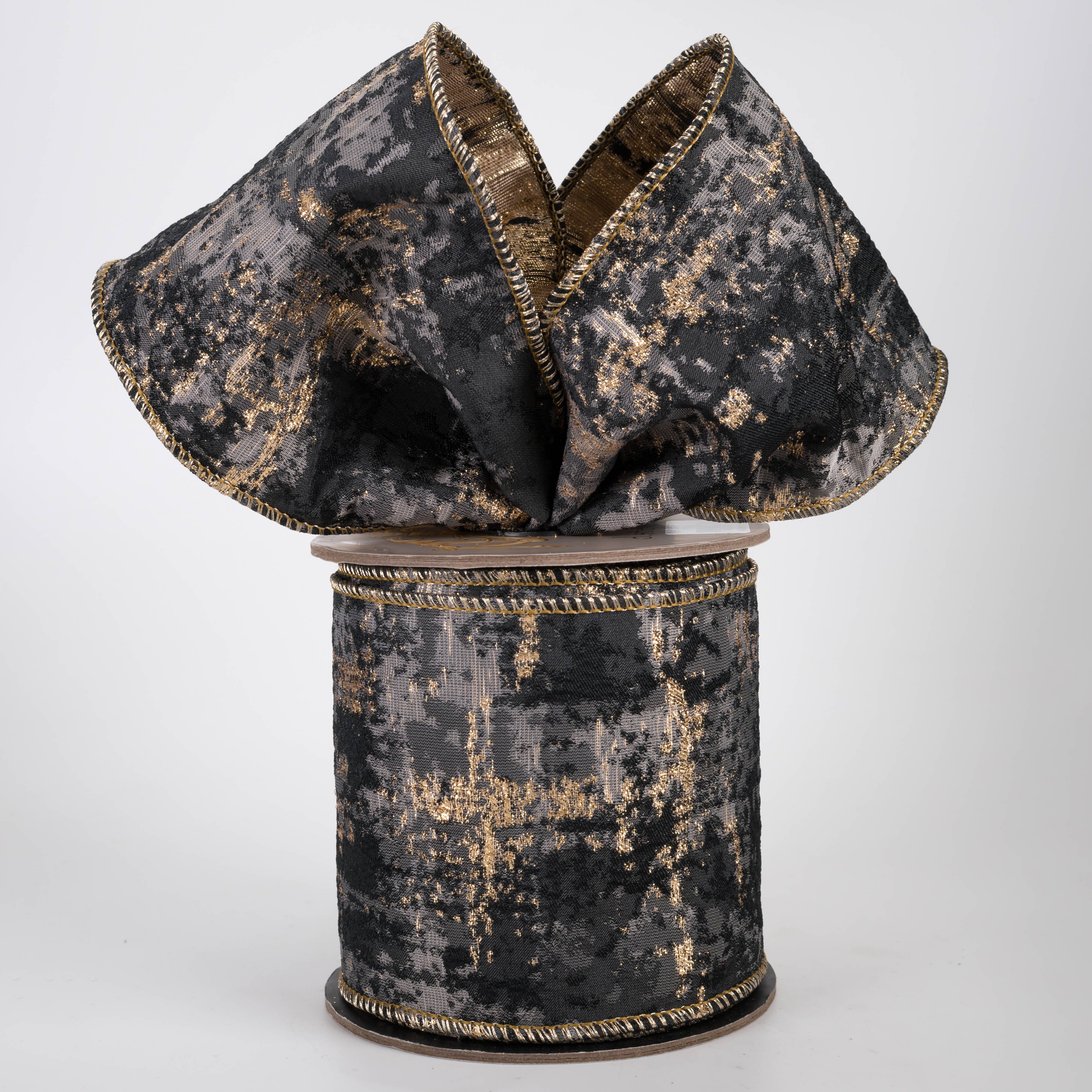 4" Abstract Raised Jacquard Ribbon: Charcoal & Gold (10 Yards)