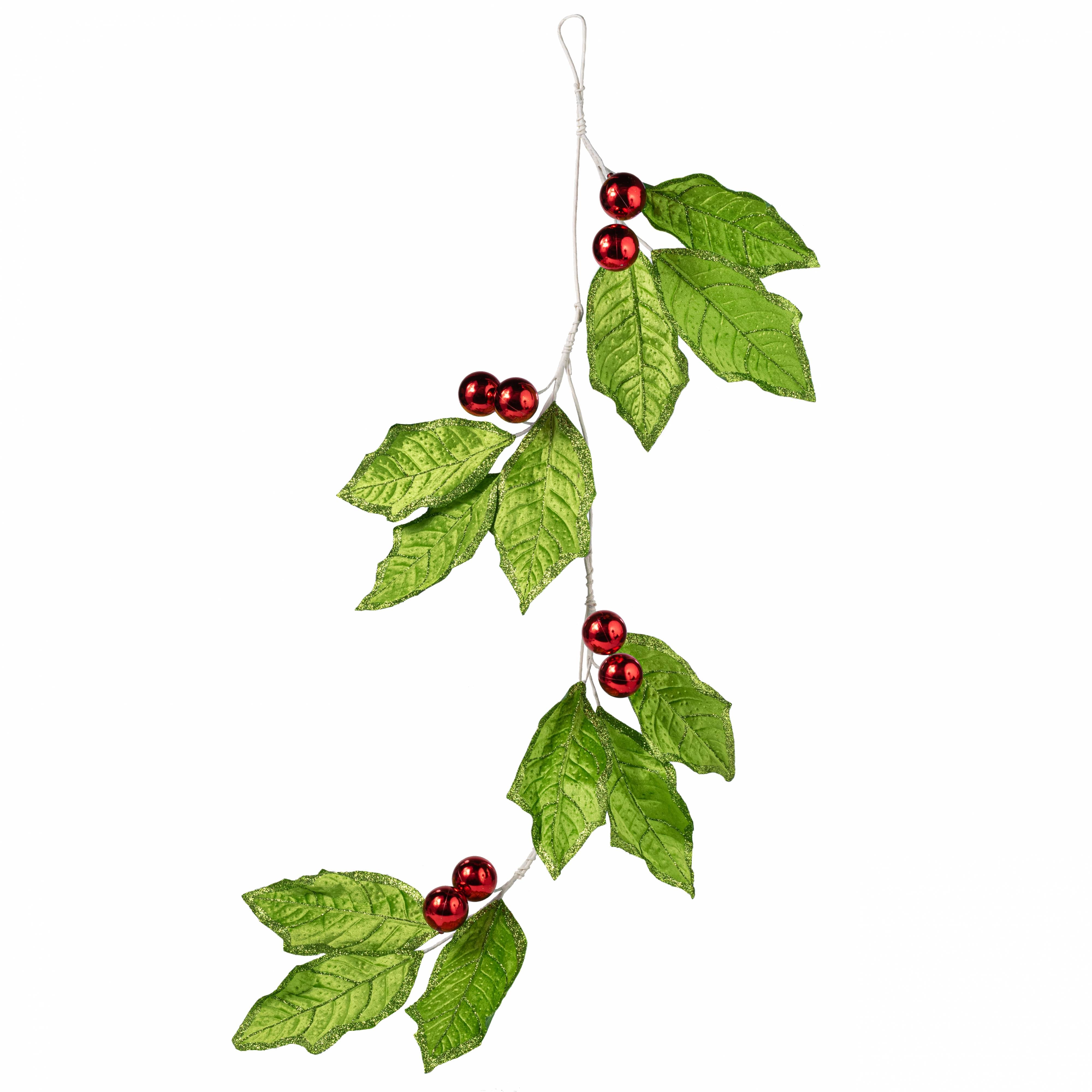 52" Velvet Holly Leaves Garland: Lime Green & Red