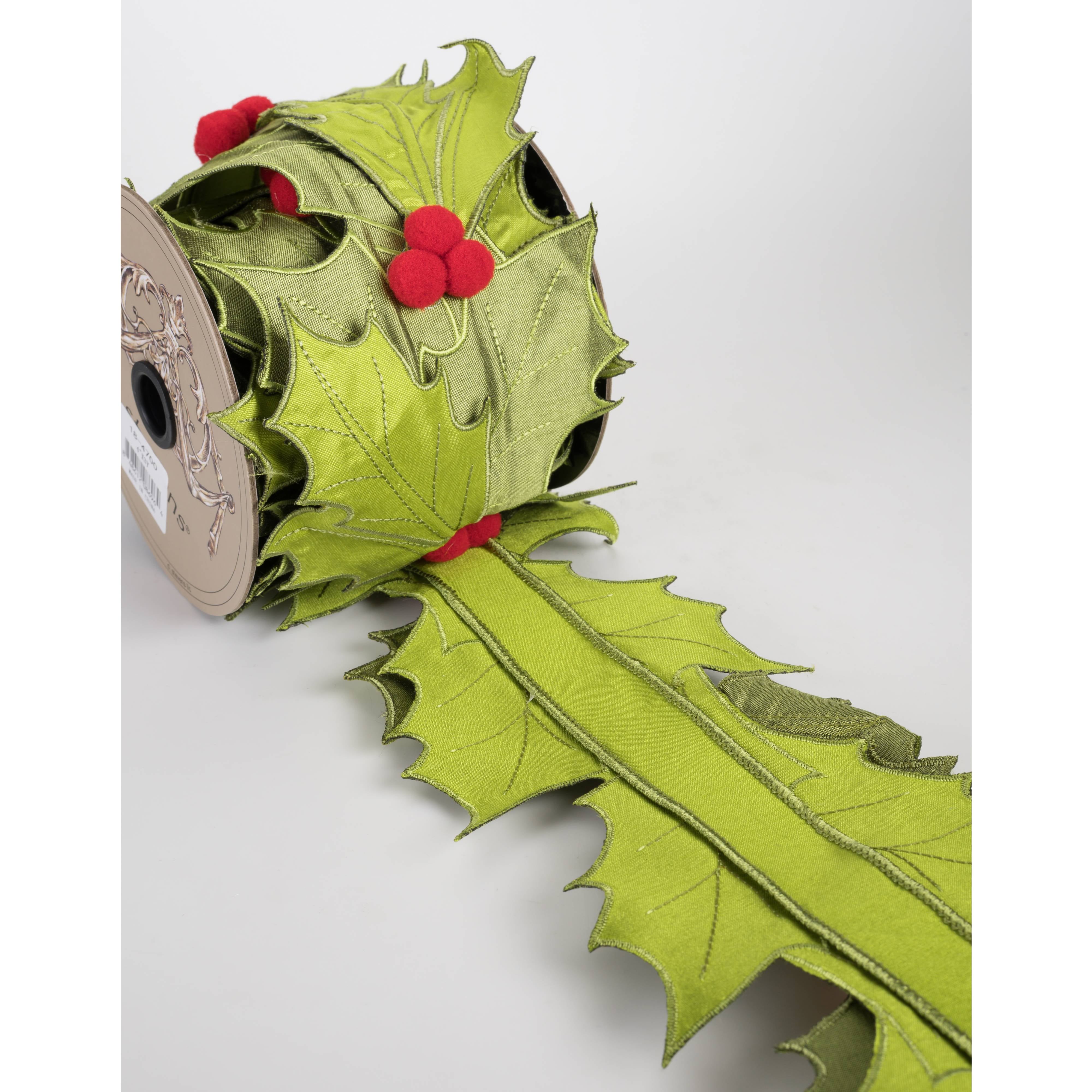 [D Stevens] 4" Satin Holly Leaves Cutouts & Berries Ribbon (3 Yards)