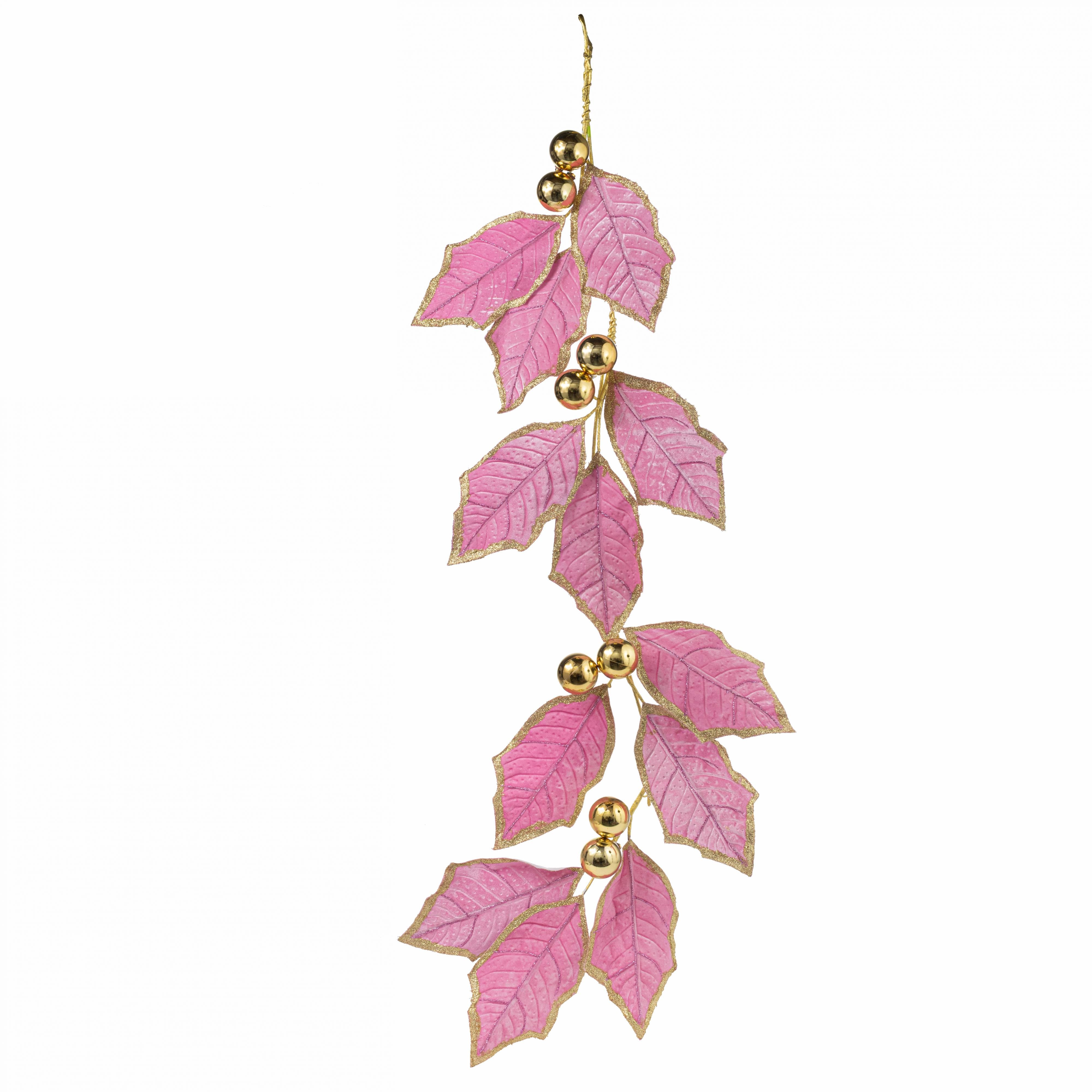 52" Velvet Holly Leaves Garland: Pink & Gold