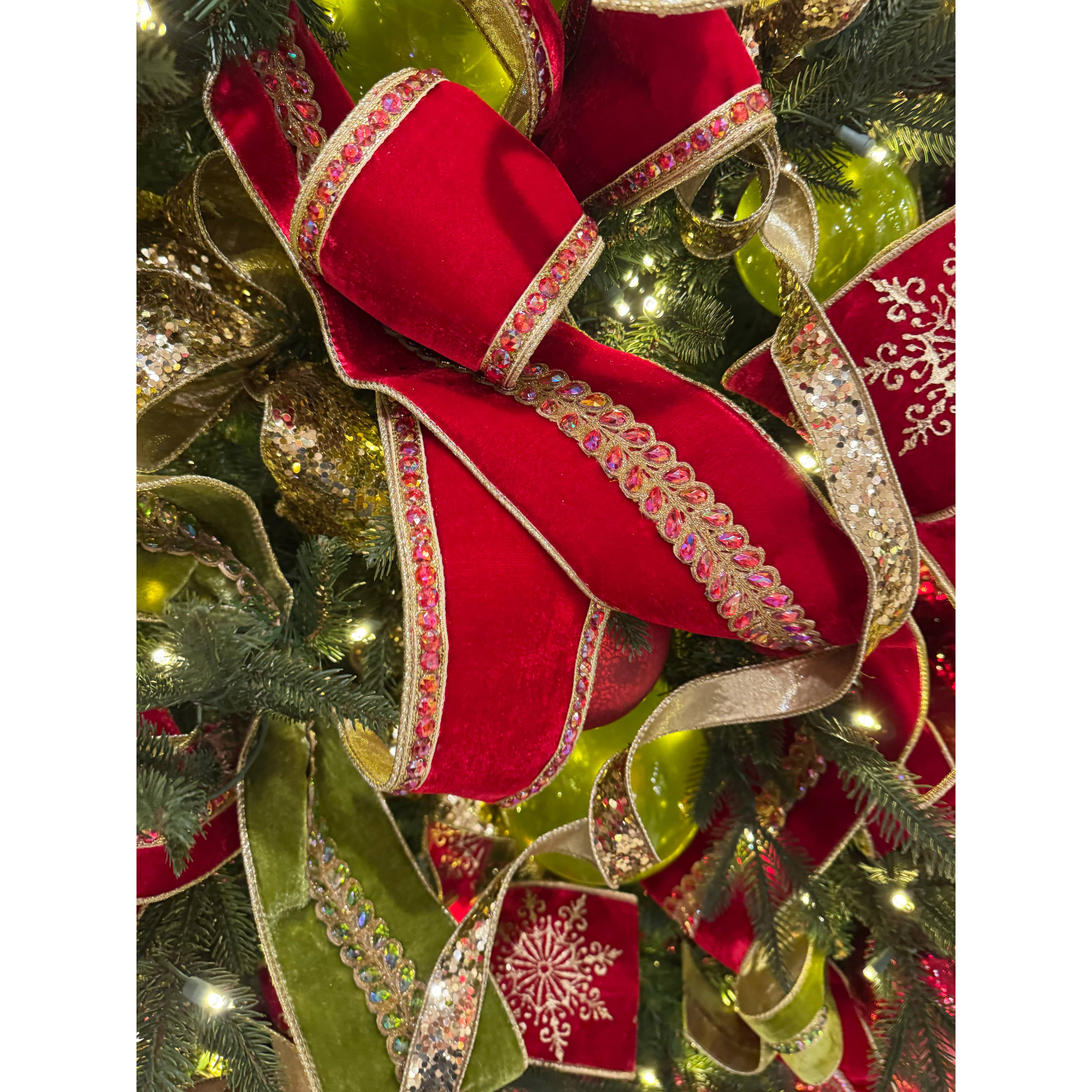 [D Stevens] 4" Honey Locust Jewels Velvet Gold Back Ribbon: Red (5 Yards)