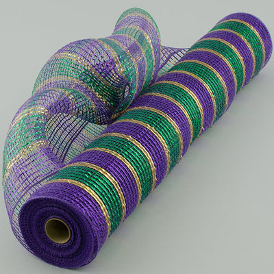 21" Poly Deco Mesh: Metallic Purple, Green & Gold Stripes (10 Yards)