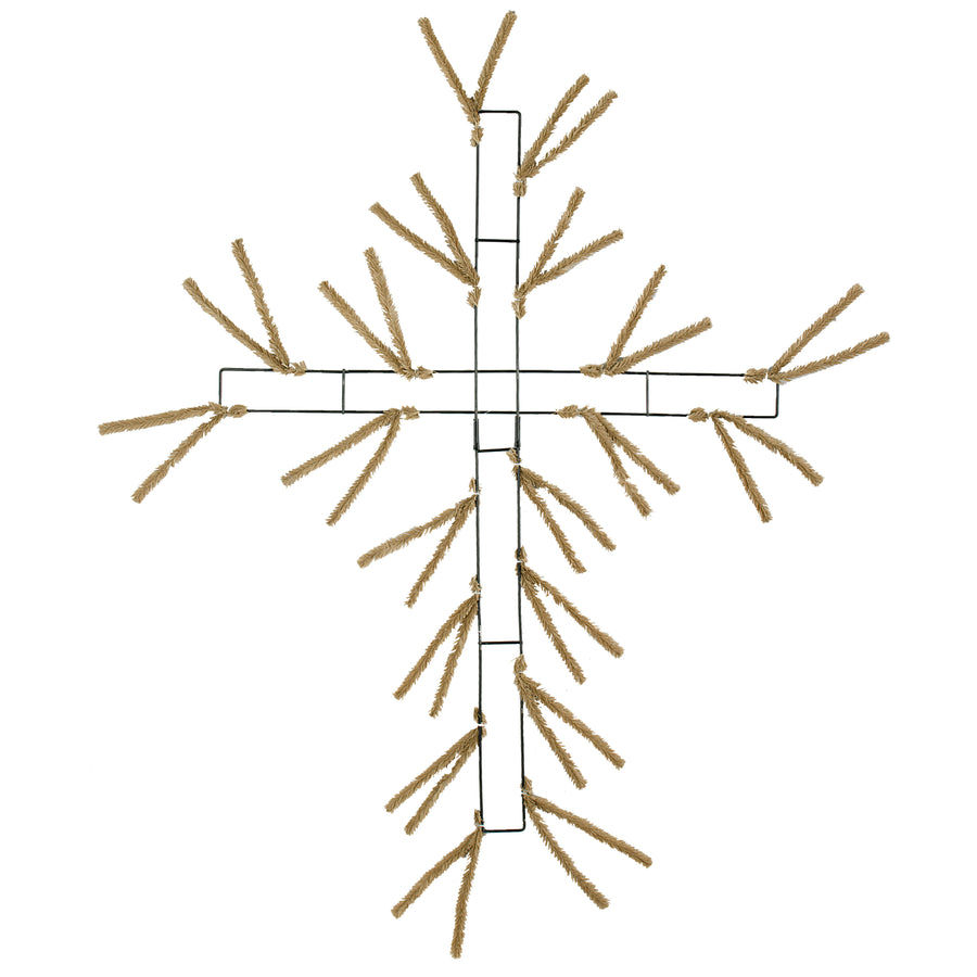 27" Pencil Tinsel Wire Work Cross Form: Tan Burlap