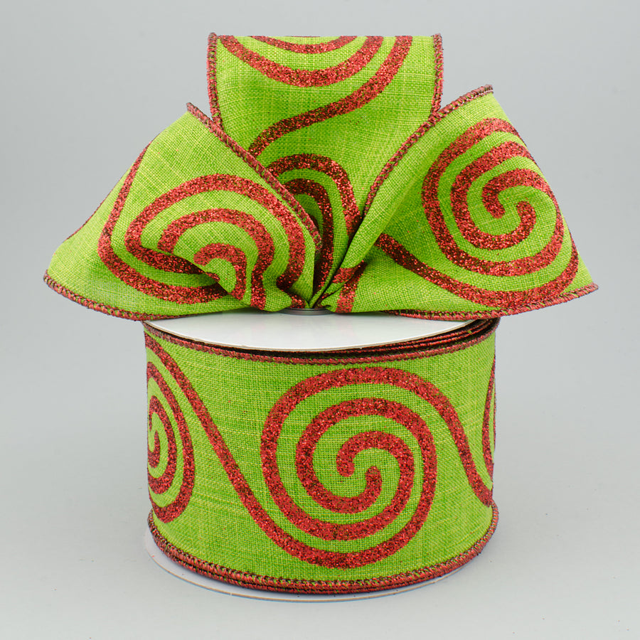 2.5" Glitter Large Swirl Ribbon: Fresh Green & Red (10 Yards)