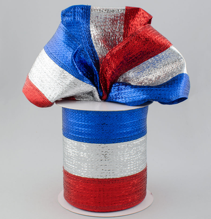 4" Stripe Metallic Ribbon: Red, Silver, Royal Blue (10 Yards)