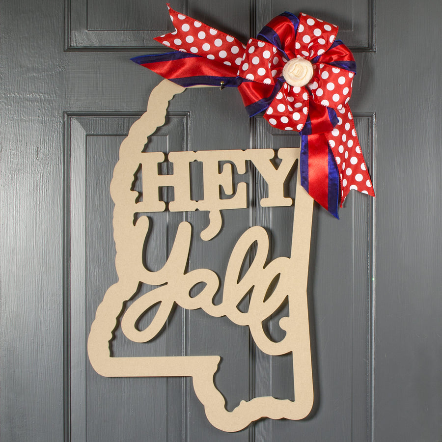 23" Hey Y'all Mississippi State Outline Sign: Natural