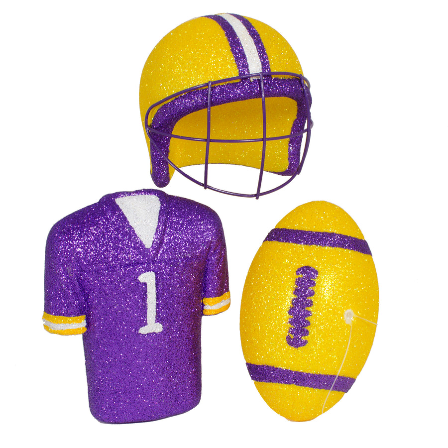 Glitter Football Ornament Assortment: Yellow, Purple & White (Set of 3)