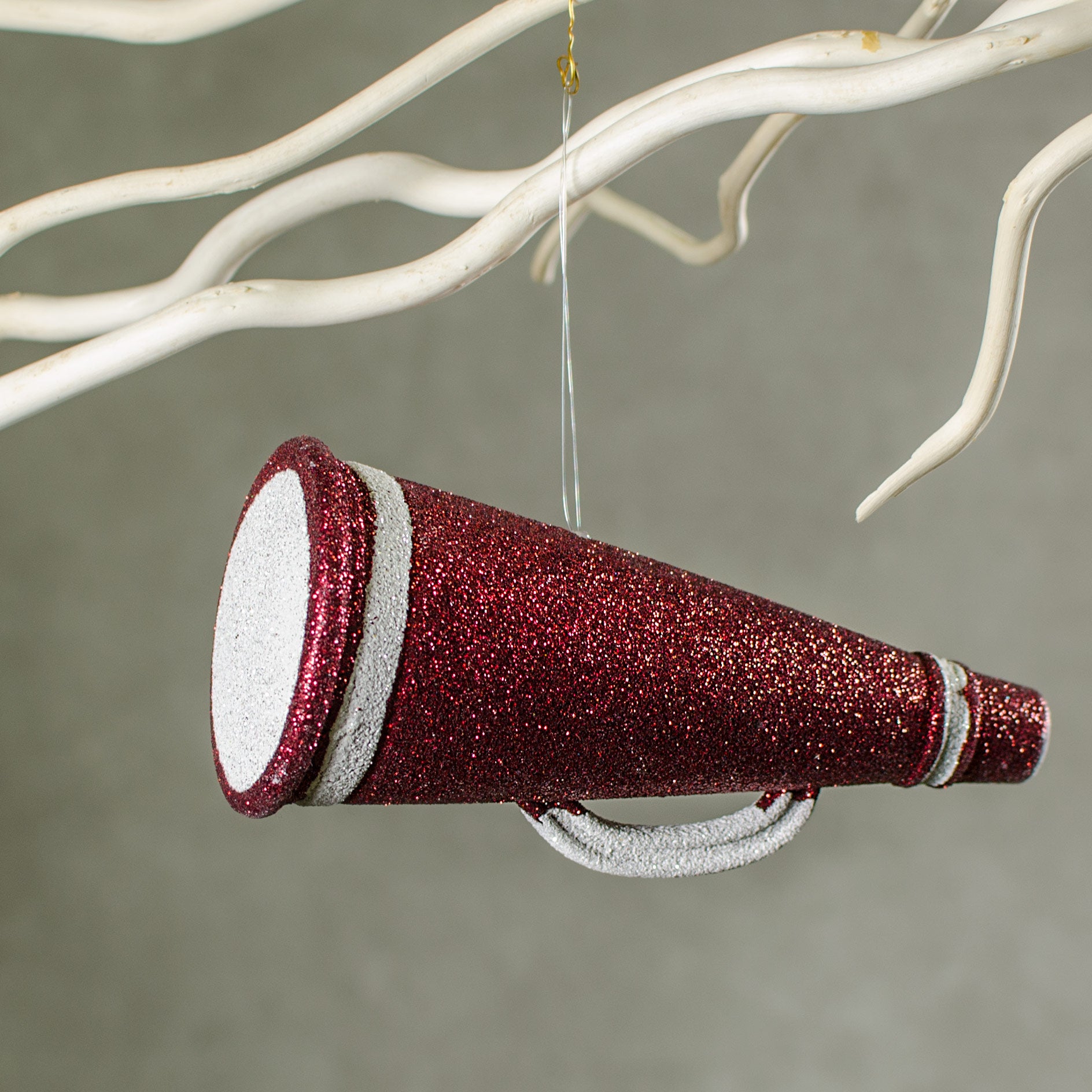 6" Metallic Glitter Megaphone Ornament: Maroon & White