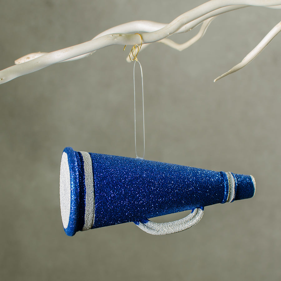 6" Metallic Glitter Megaphone Ornament: Blue & White