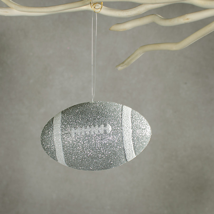 4.5" Metallic Glitter Football Ornament: Silver & White