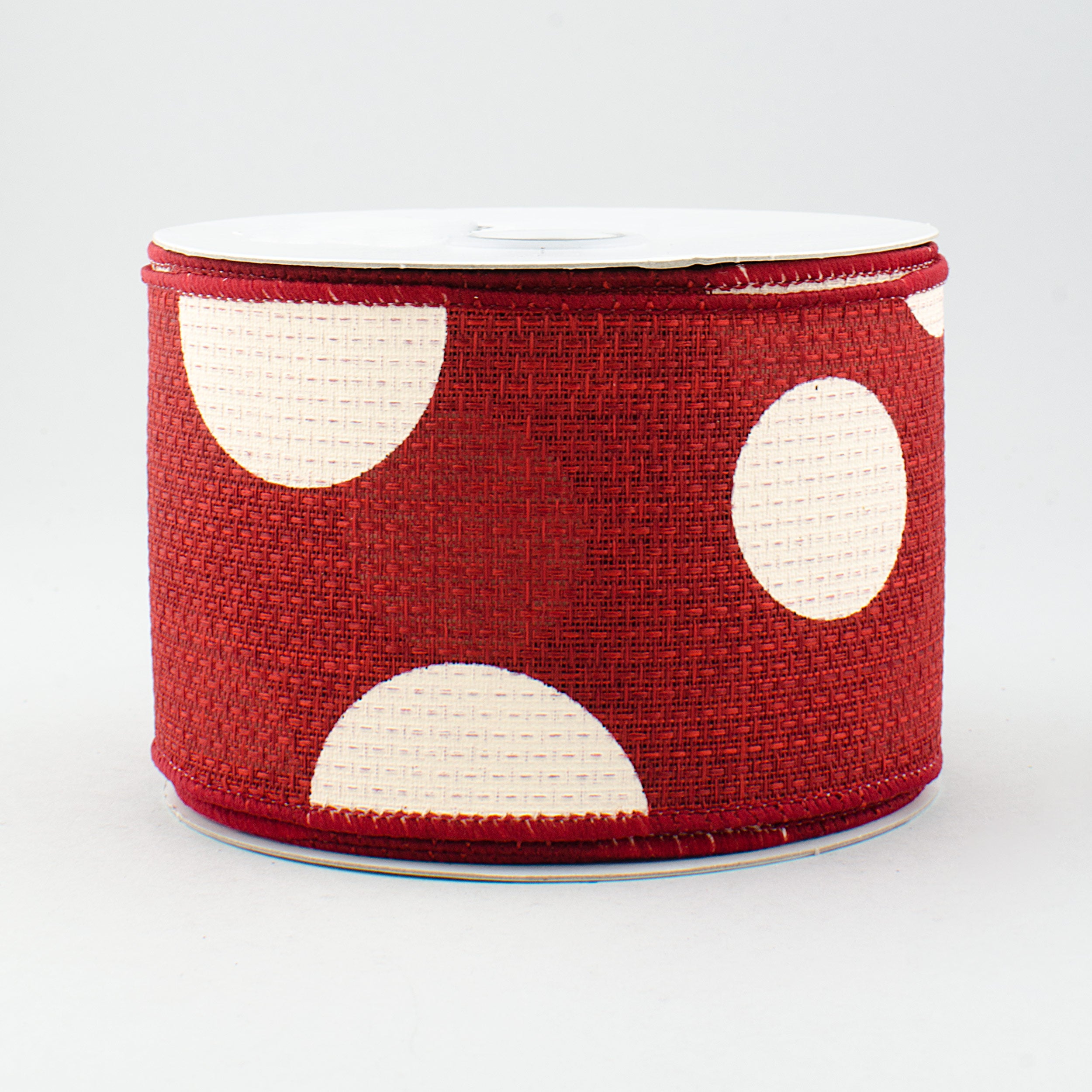 2.5" Faux Burlap Giant Polka Dot Ribbon:Burgundy & Ivory (10 Yards)