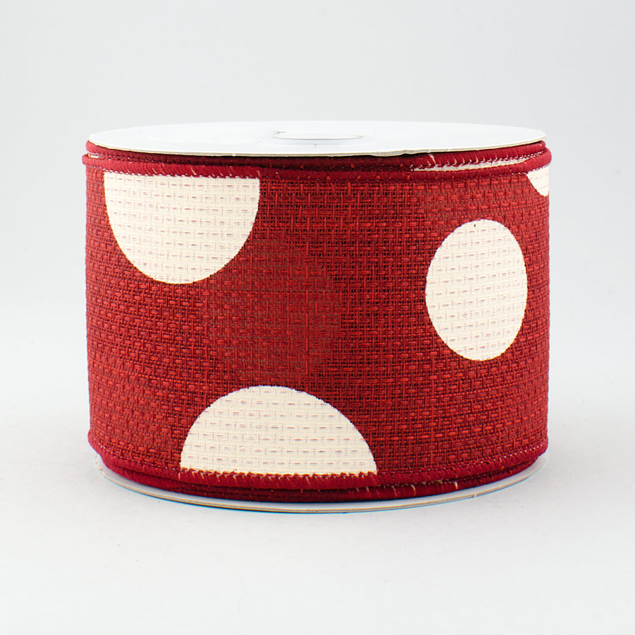 2.5" Faux Burlap Giant Polka Dot Ribbon:Burgundy & Ivory (10 Yards)