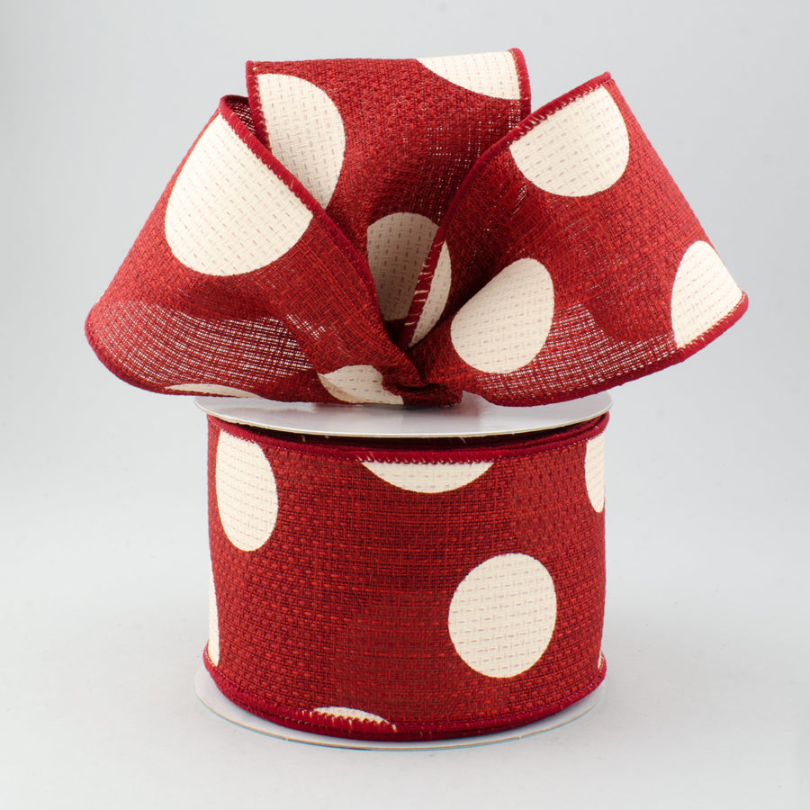 2.5" Faux Burlap Giant Polka Dot Ribbon:Burgundy & Ivory (10 Yards)
