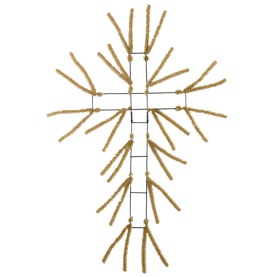 20" Pencil Tinsel Wire Work Cross Form: Tan Burlap