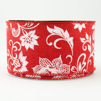 2.5" Floral Lace Royal Canvas Ribbon: Red & White (10 Yards)