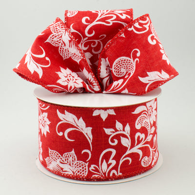 2.5" Floral Lace Royal Canvas Ribbon: Red & White (10 Yards)
