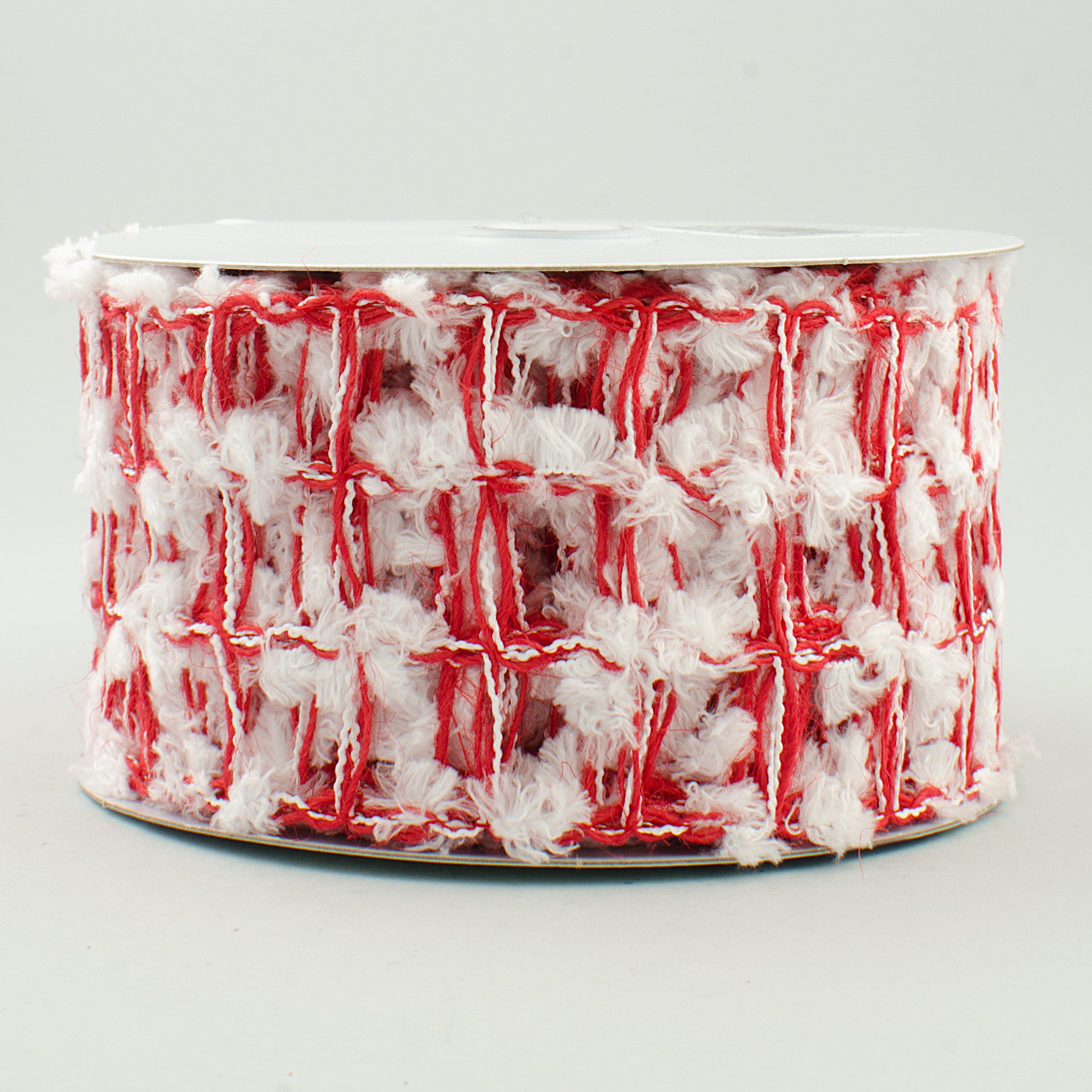 2.5" Red Jute Snowball Square Net Ribbon: Red & White (10 Yards)
