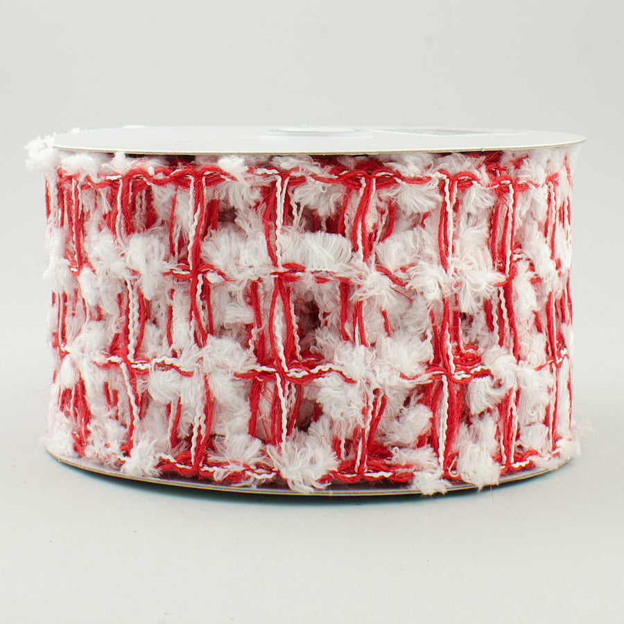 2.5" Red Jute Snowball Square Net Ribbon: Red & White (10 Yards)