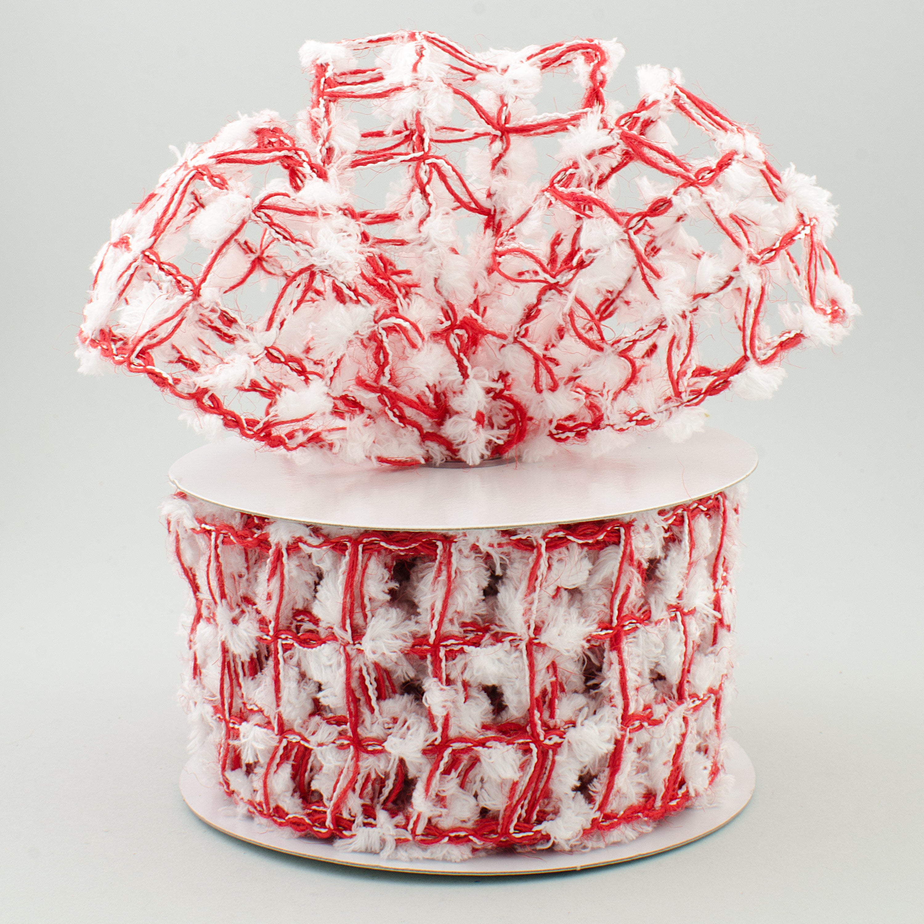 2.5" Red Jute Snowball Square Net Ribbon: Red & White (10 Yards)