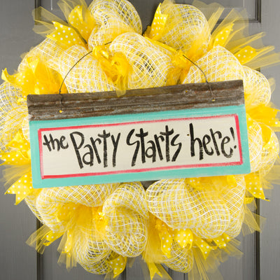 Reclaimed Tin Sign: The Party Starts Here! (7" by 10")