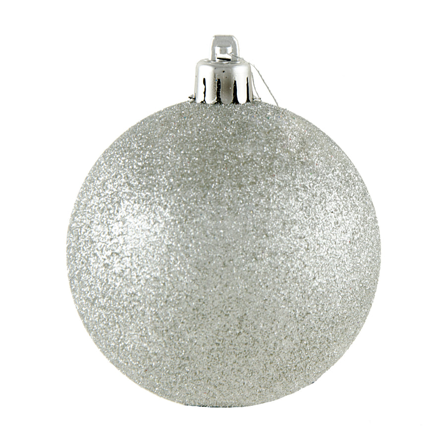 80MM Round Glitter Ball Ornament: Metallic Silver