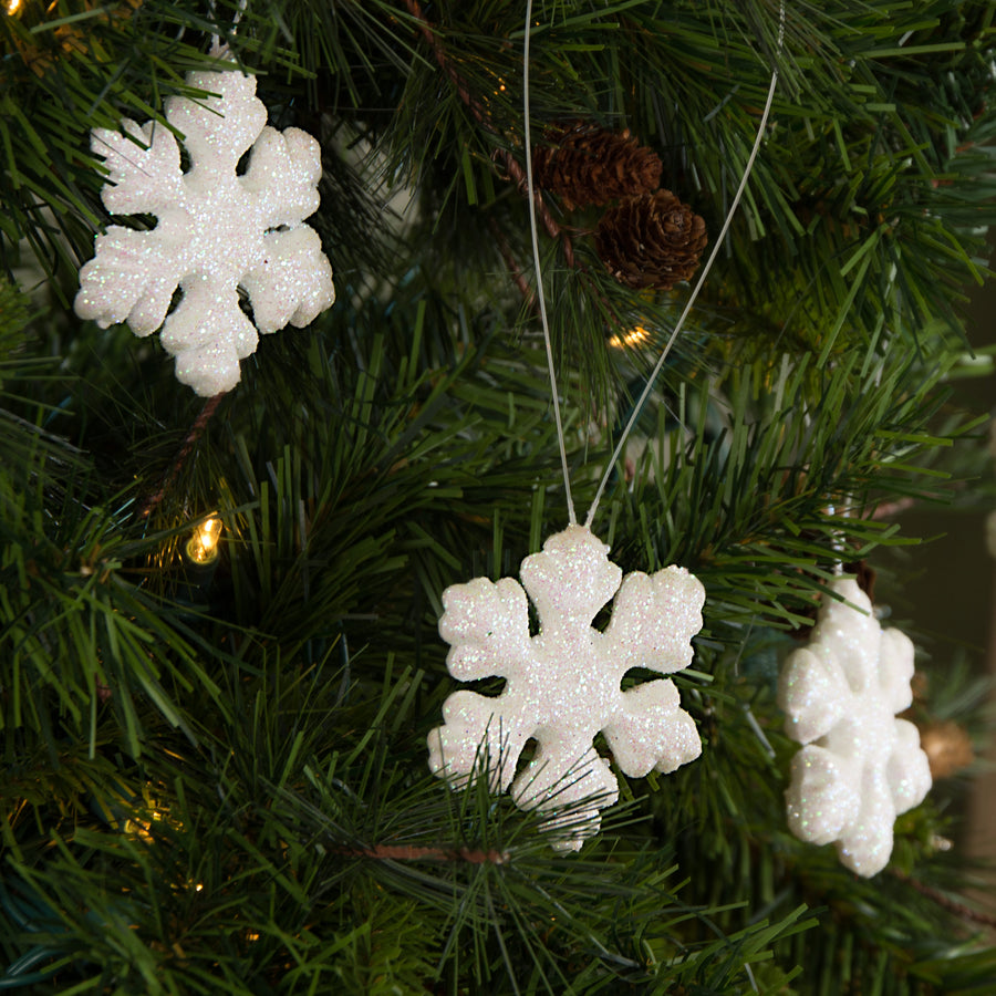 3" White Glitter Snowflakes (Set of 12): Iridescent White