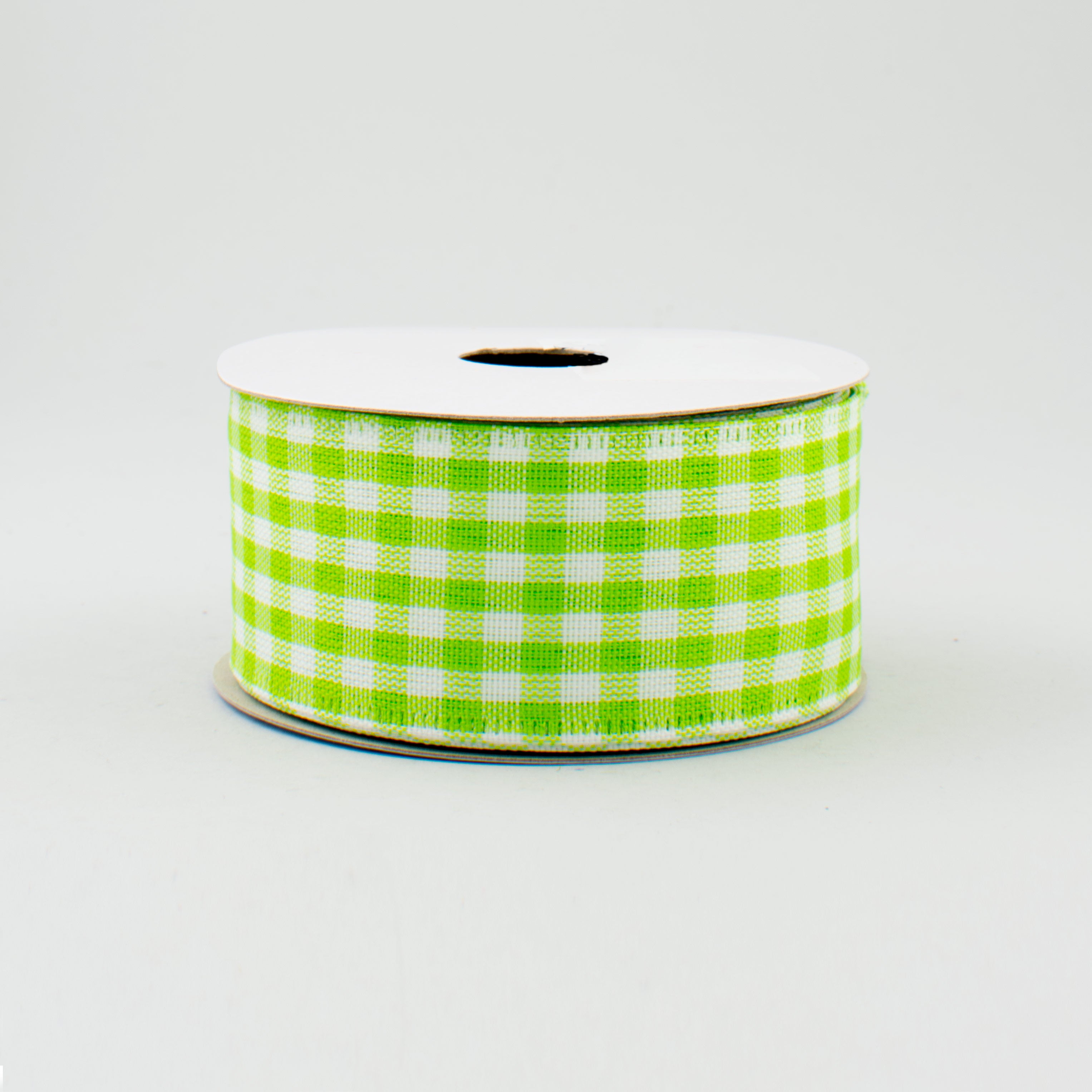 1.5" Gingham Check Wired Ribbon: Fresh Green & White (10 Yards)