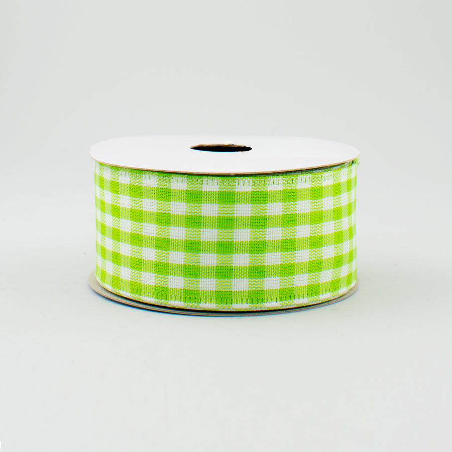 1.5" Gingham Check Wired Ribbon: Fresh Green & White (10 Yards)