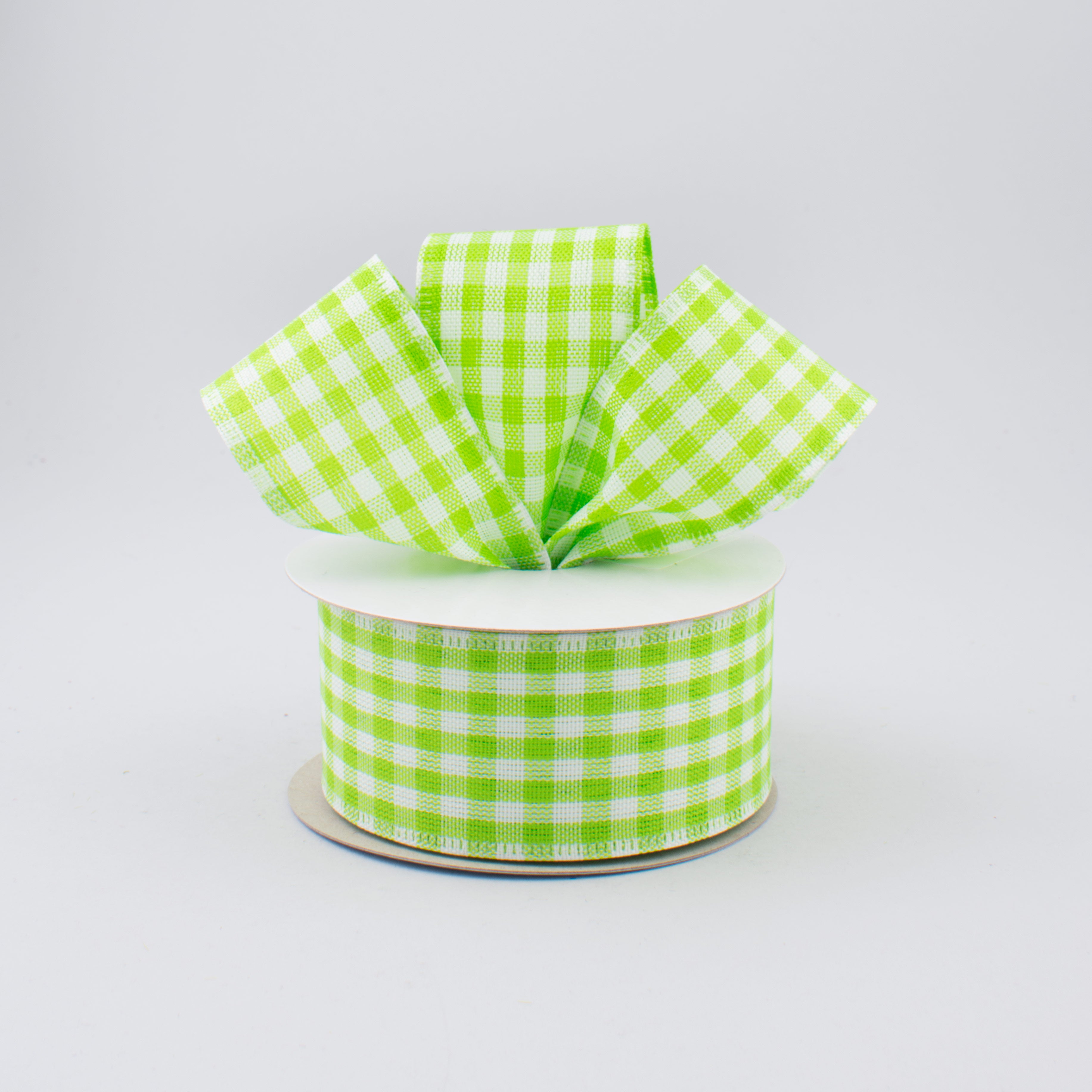 1.5" Gingham Check Wired Ribbon: Fresh Green & White (10 Yards)