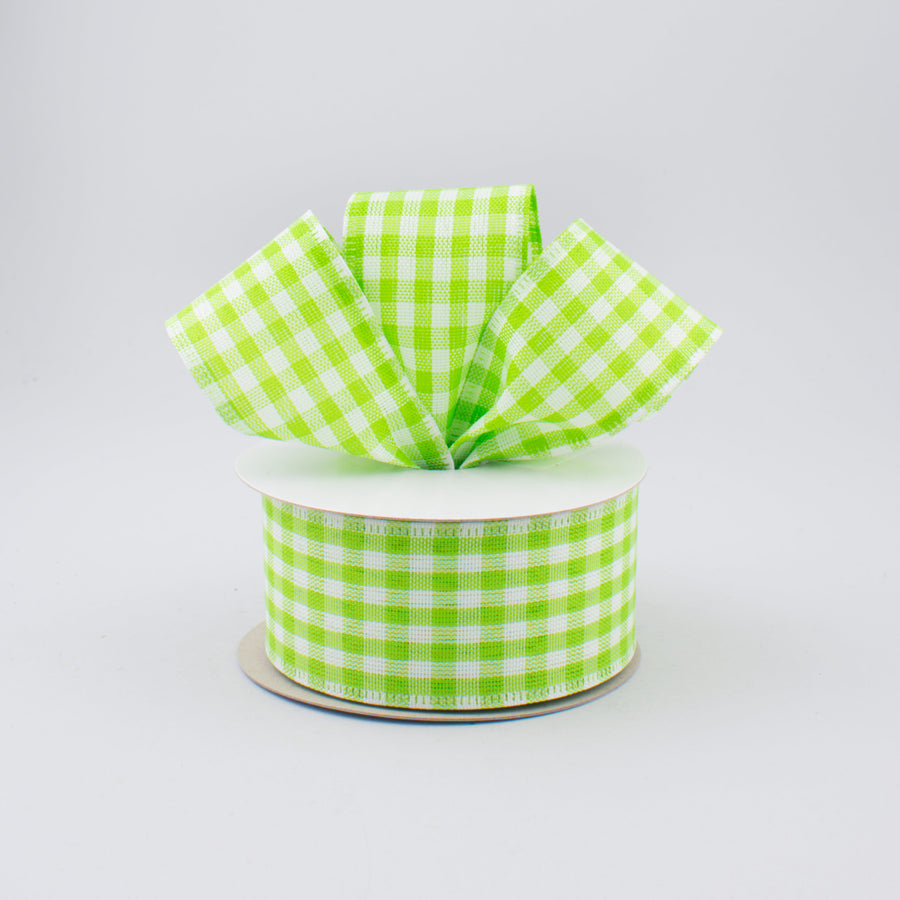 1.5" Gingham Check Wired Ribbon: Fresh Green & White (10 Yards)