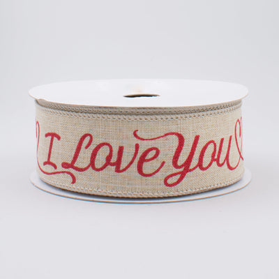 1.5" Royal Canvas Metallic Glittered I Love You Ribbon: Natural & Red (10 Yards)