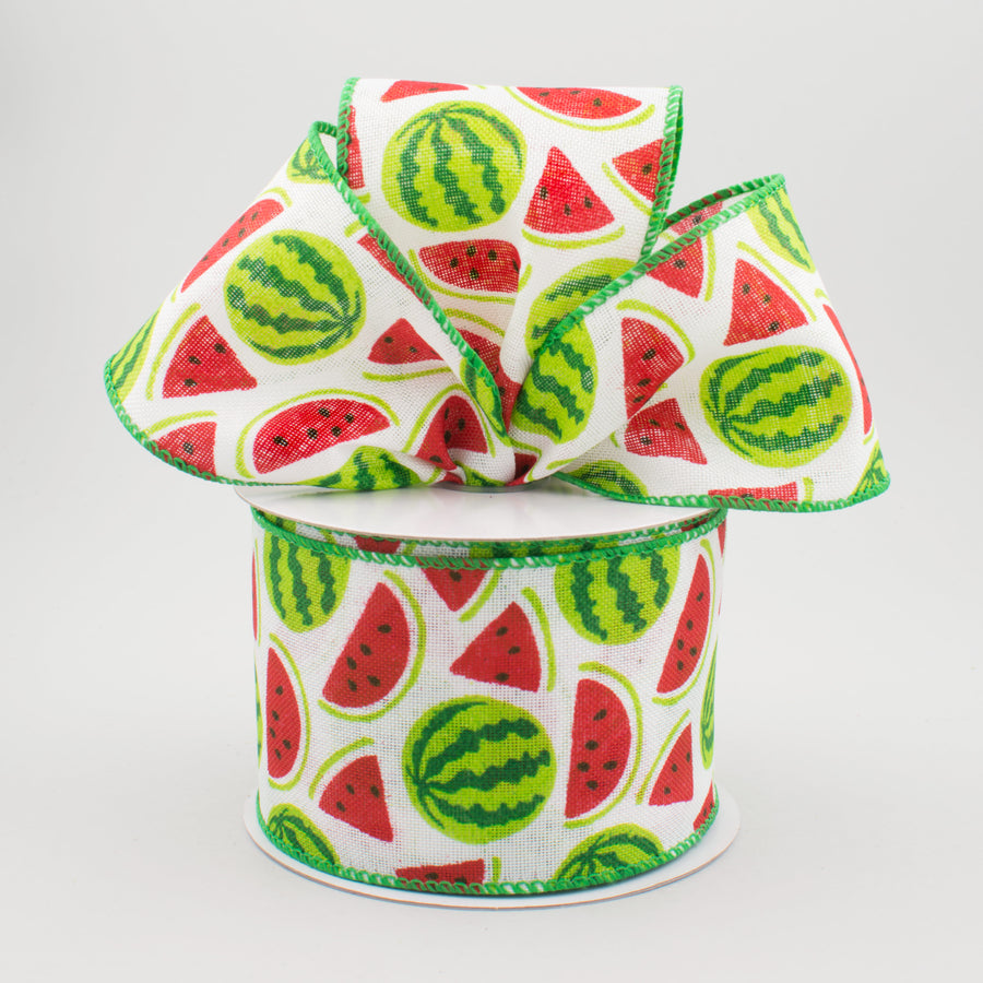 2.5" Watermelon Slices Royal Canvas Ribbon: White, Red, Green (10 Yards)