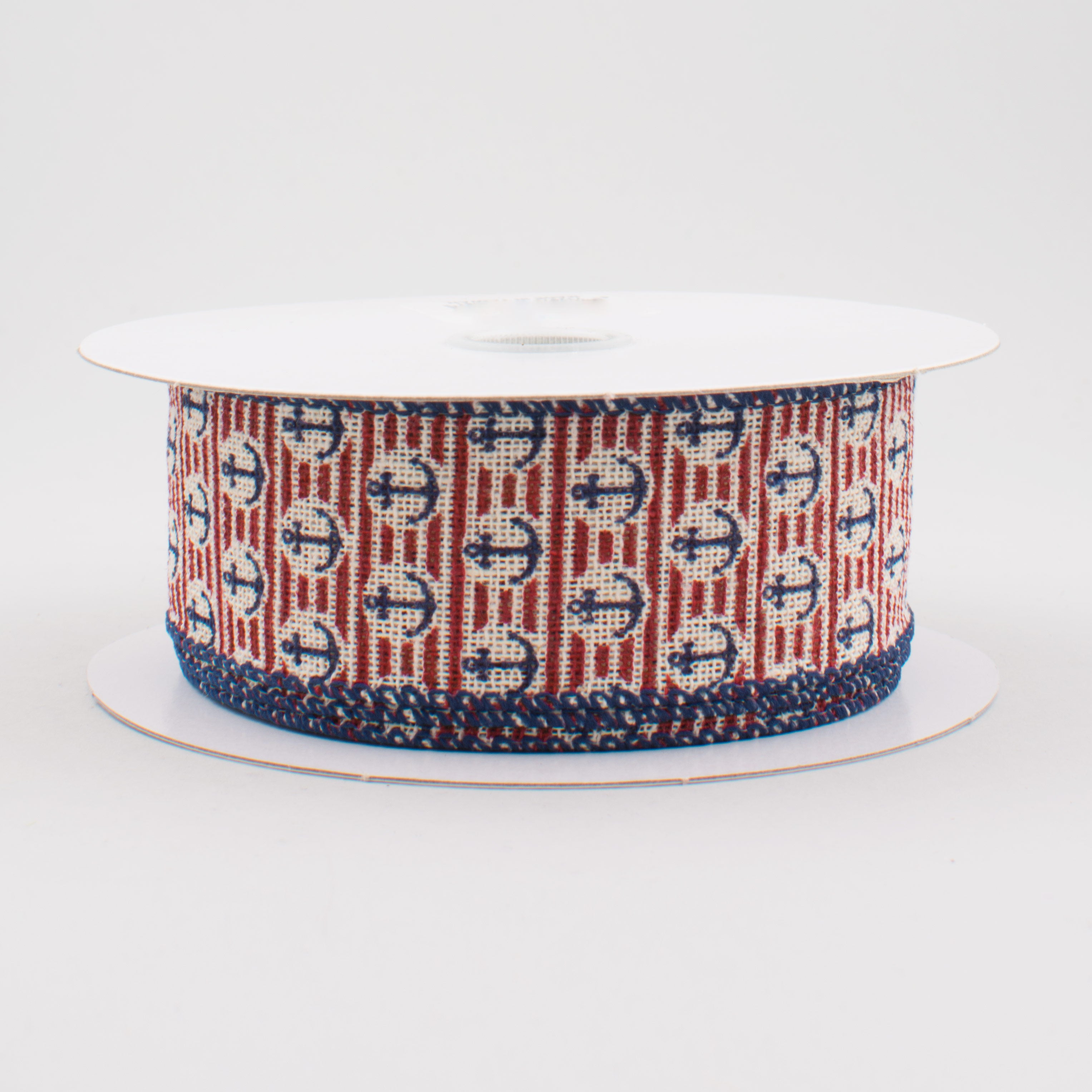 1.5" Stripes with Anchor Ribbon: Natural, Red, & Navy (10 Yards)