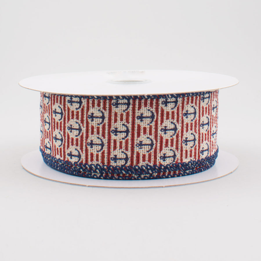 1.5" Stripes with Anchor Ribbon: Natural, Red, & Navy (10 Yards)